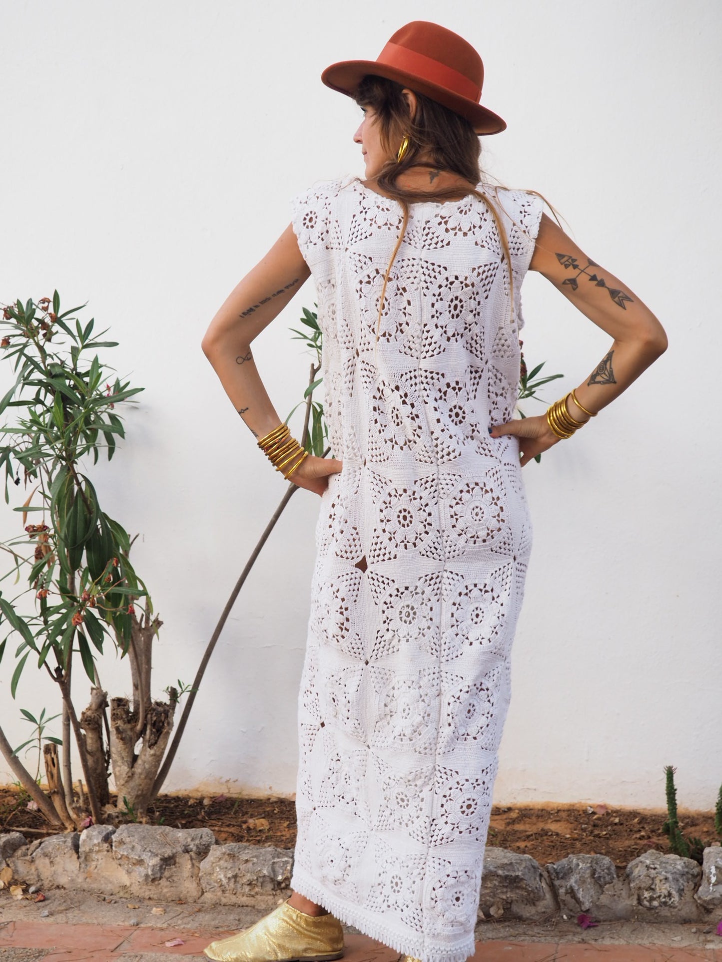 Super cute up-cycled long white crochet dress with lots of detailed hand work