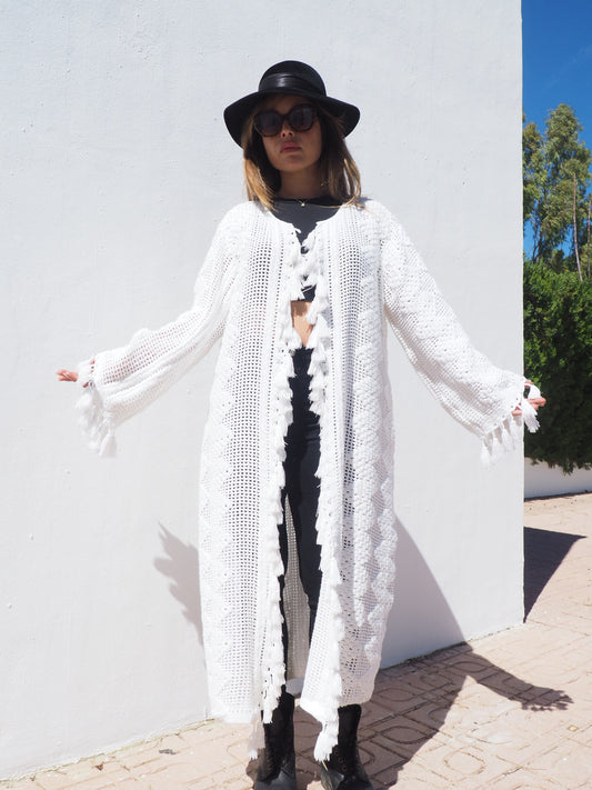 Unique on off a kind vintage white crochet jacket up-cycled by Vagabond Ibiza with cute tássel details.