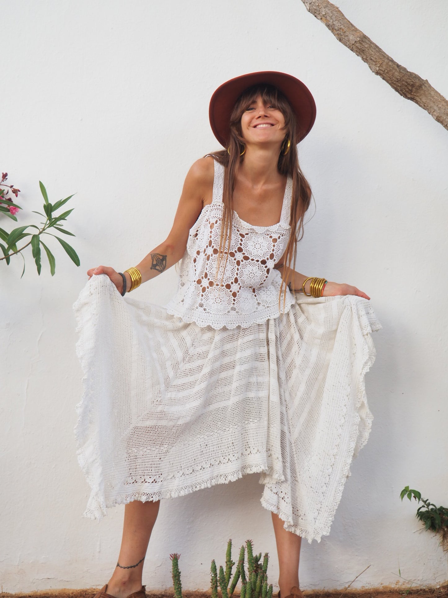 Vintage white lace crochet skirt up-cycled by Vagabond Ibiza