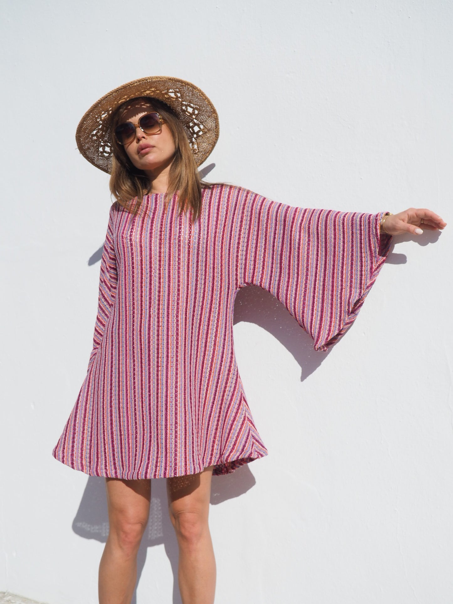 Retro dead stock fabric up-cycled pink striped bell sleeve dress made by Vagabond Ibiza