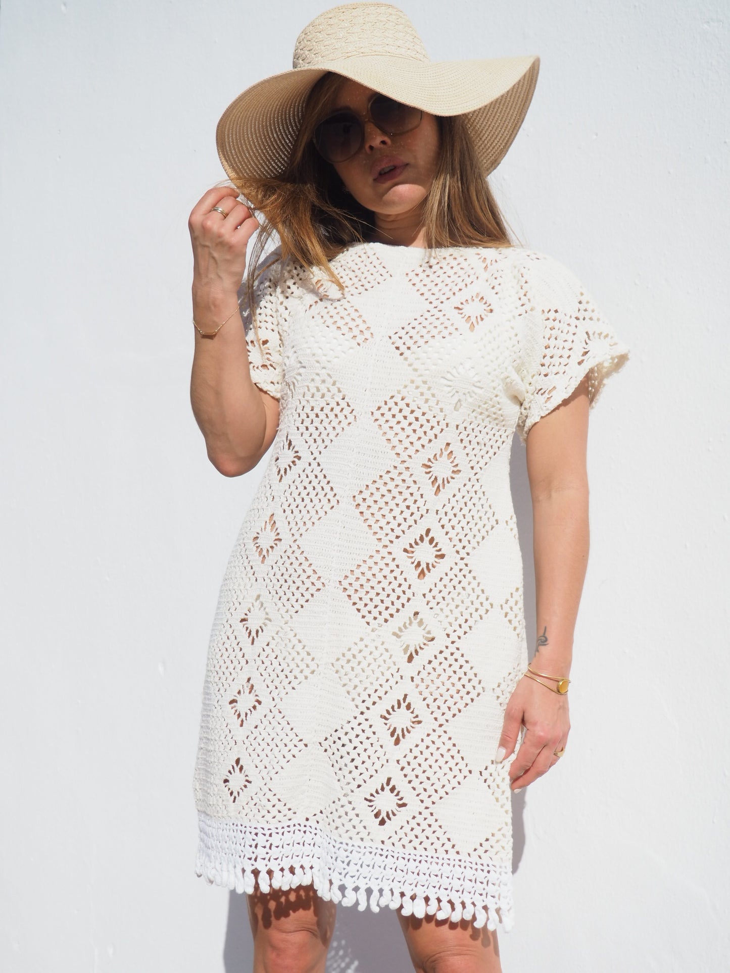 Vintage crochet cotton beach dress handmade cotton crochet up-cycled by Vagabond Ibiza.