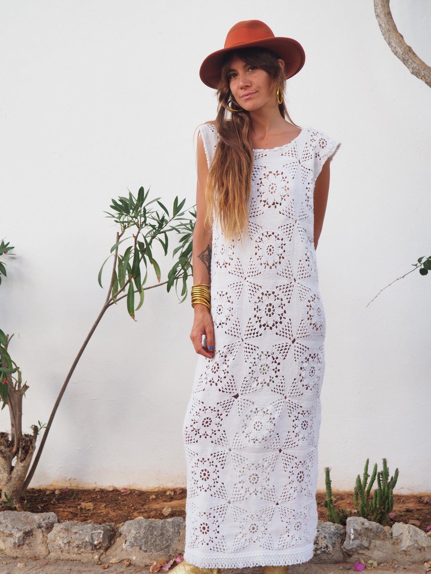 Super cute up-cycled long white crochet dress with lots of detailed hand work