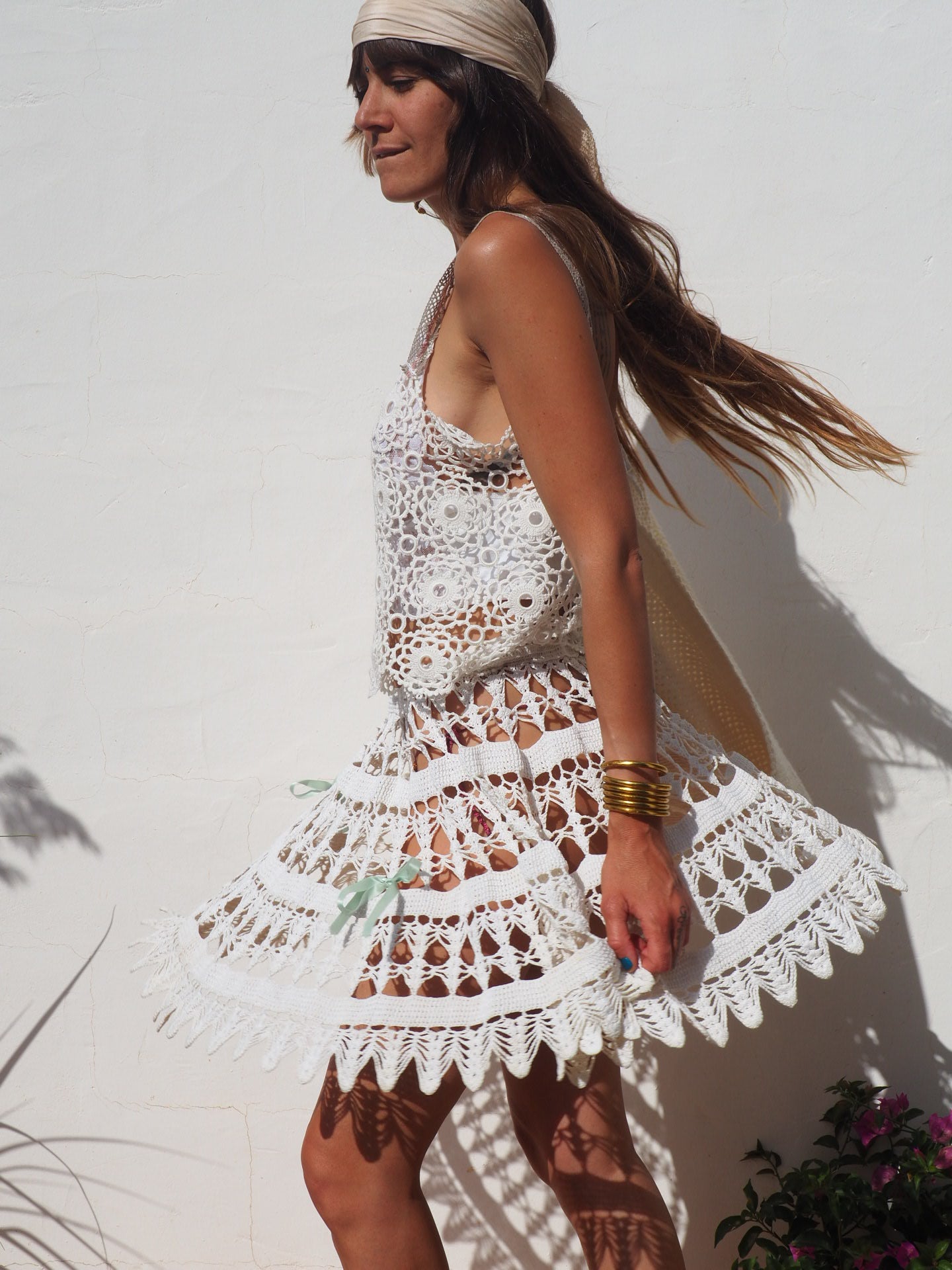 Antique white lace up-cycled skirt by Vagabond Ibiza