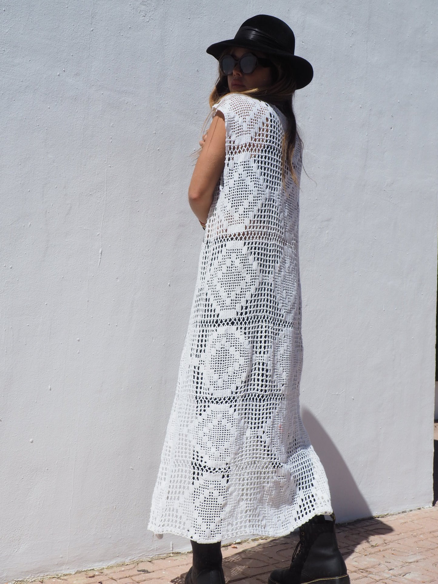 Vintage 1970’s crochet long white up-cycled waistcoat made by Vagabond Ibiza.