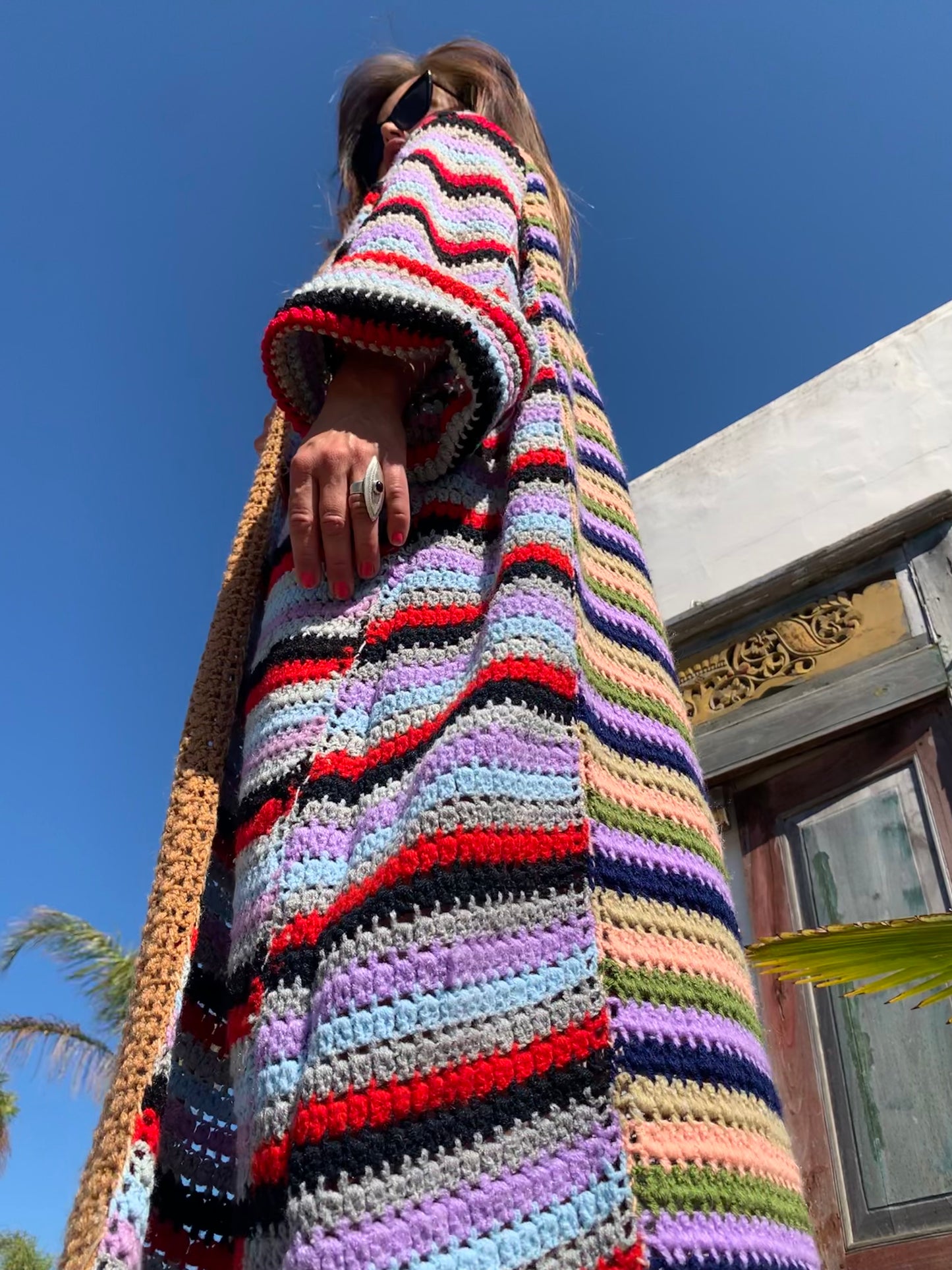 upcycled jacket,colourful waistcoat, Vintage Crochet Jacket, up cycled jacket , handmade jacket, striped jacket , vintage jacket, 1970s jacket , long waistcoat, slow fashion , sustainable fashion, vintage shop, ibiza vintage shop, ibiza style, bohemian jacket, boho jacket, colourful jacket, festival jacket, hippie style, 70s clothing, original vintage, recycled fashion brand, sustainable fashion brand, slow fashion brand, rainbow fashion, knitted jacket, woven jacket, winter jacket