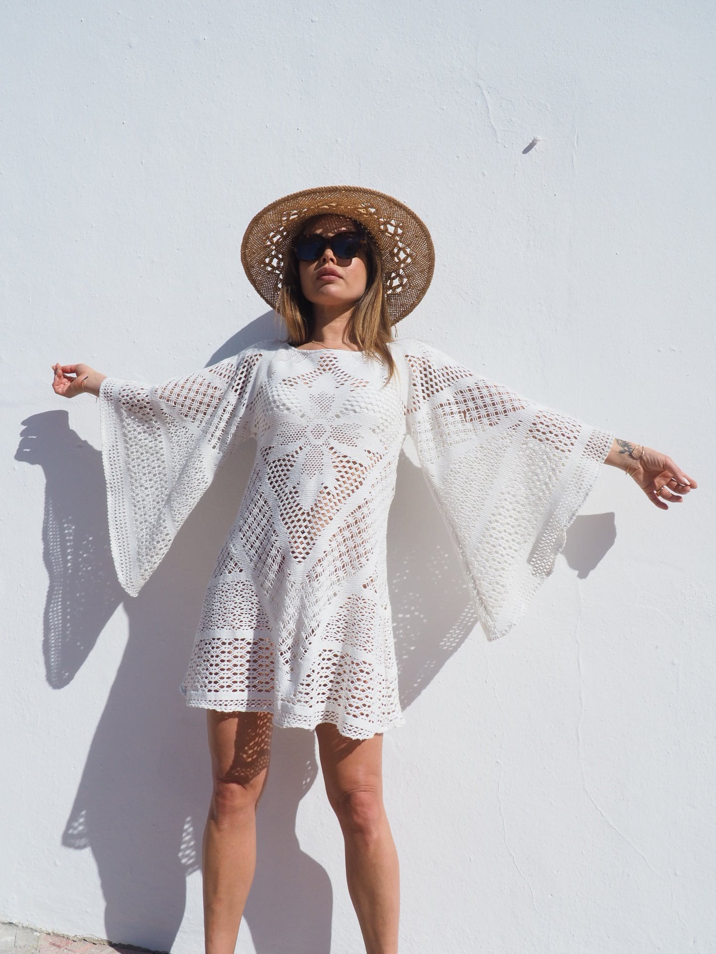 Vintage 1970’s white crochet dress up-cycled by Vagabond Ibiza with big bell sleeves