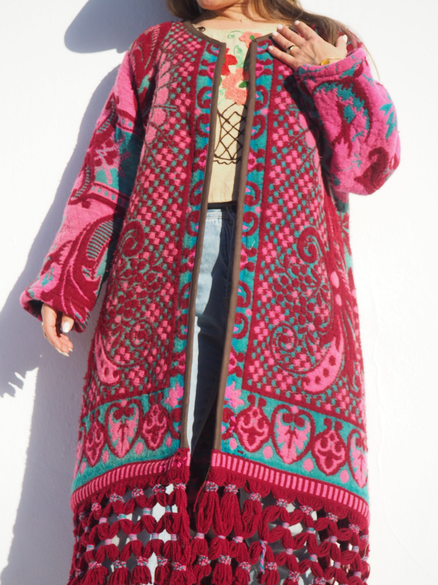 Amazing vintage woven tapestry jacket with insane oversize tassel trim up-cycled by Vagabond Ibiza