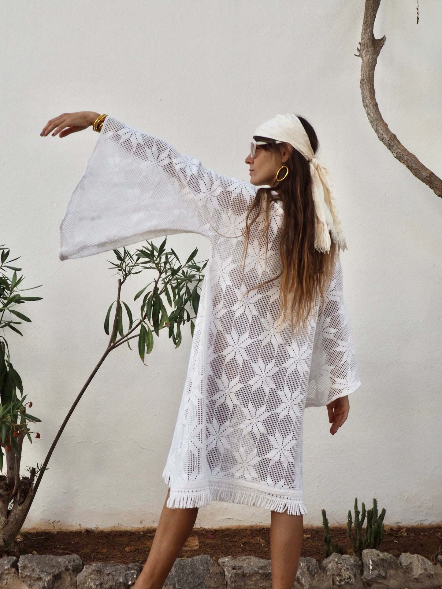 Very cool vintage white crochet oversized bell sleeve dress up-cycled by Vagabond Ibiza