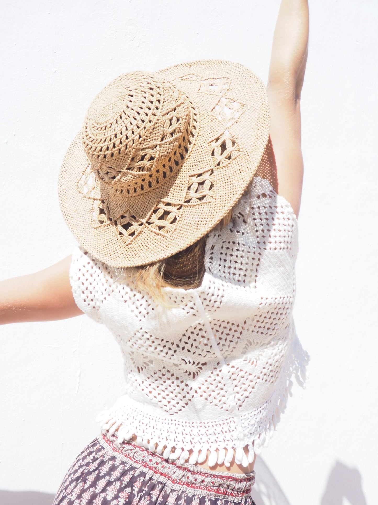 Super cute ivory and white vintage crochet top up-cycled by Vagabond Ibiza with cute tassel trim.