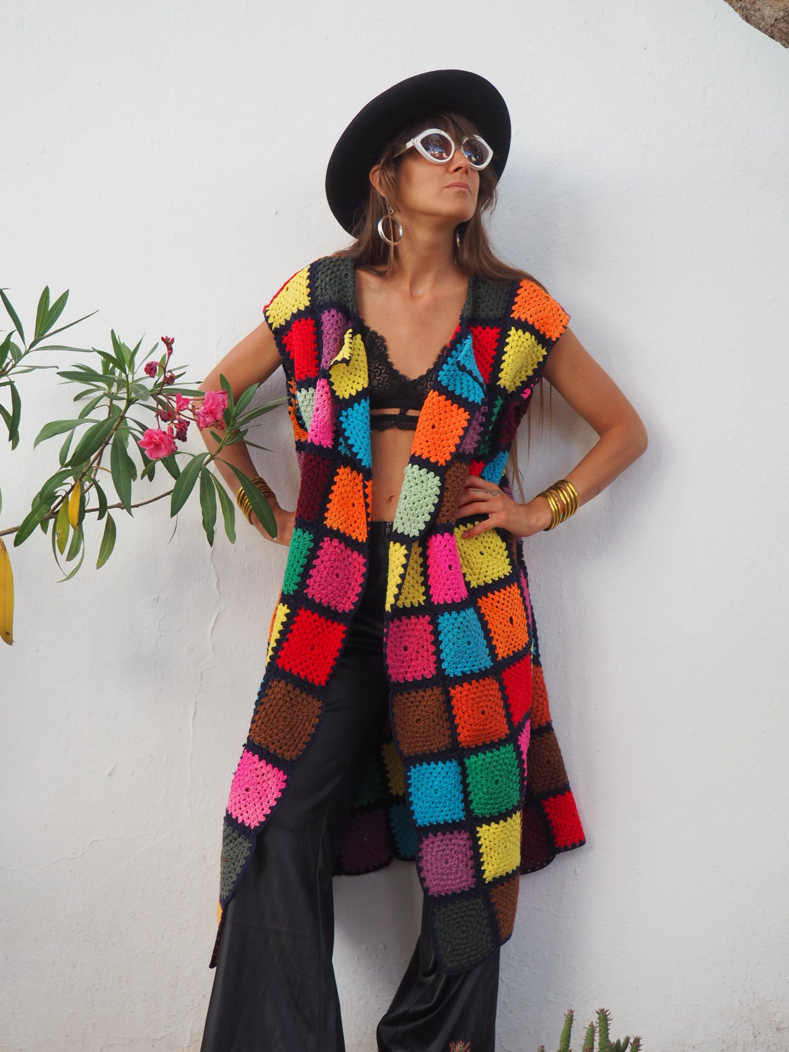 colourful waistcoat, Vintage Crochet Jacket, up cycled jacket , handmade jacket, striped jacket , vintage jacket, 1970s jacket , long waistcoat, slow fashion , sustainable fashion, vintage shop, ibiza vintage shop, ibiza style, bohemian jacket, boho jacket, colourful jacket, festival jacket, hippie style, 70s clothing, original vintage, recycled fashion brand, sustainable fashion brand, slow fashion brand, rainbow fashion, knitted jacket, woven jacket, winter jacket, crochet jumper, vintage fashion, 