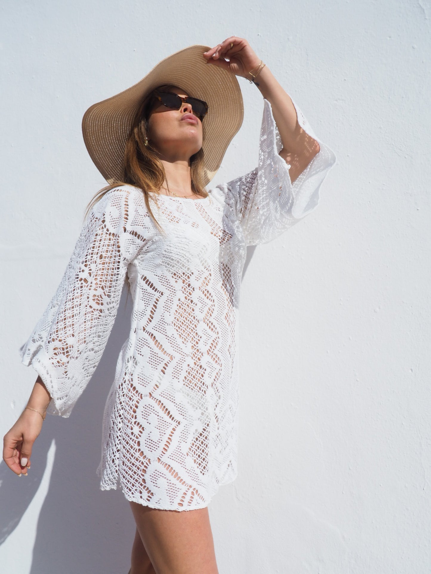 Vintage 1970’s white crochet dress up-cycled by Vagabond Ibiza with big bell sleeves