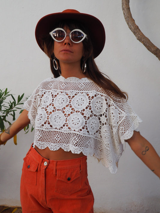 Vintage handmade white crochet lace top up-cycled by vagabond ibiza