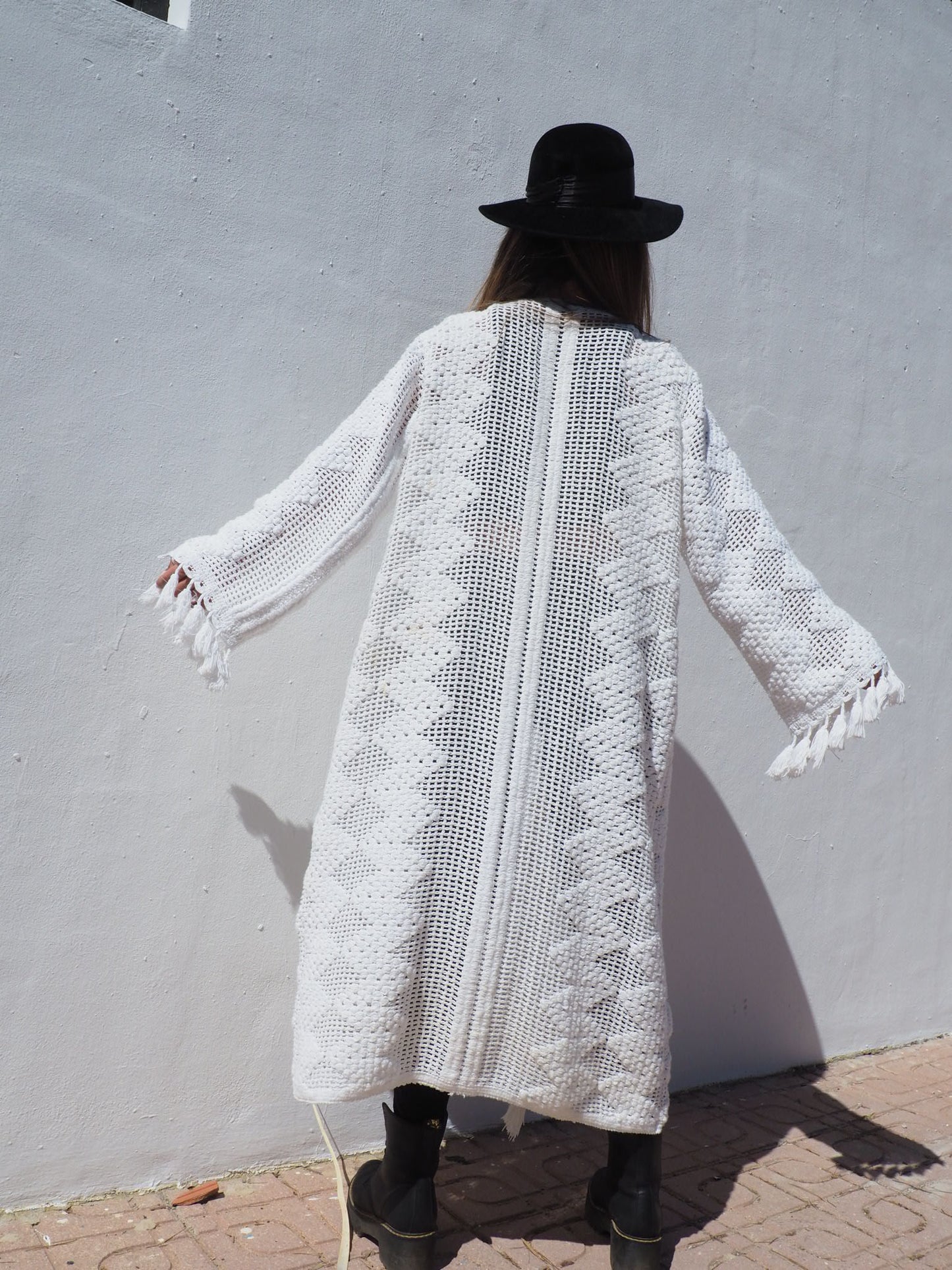 Unique on off a kind vintage white crochet jacket up-cycled by Vagabond Ibiza with cute tássel details.