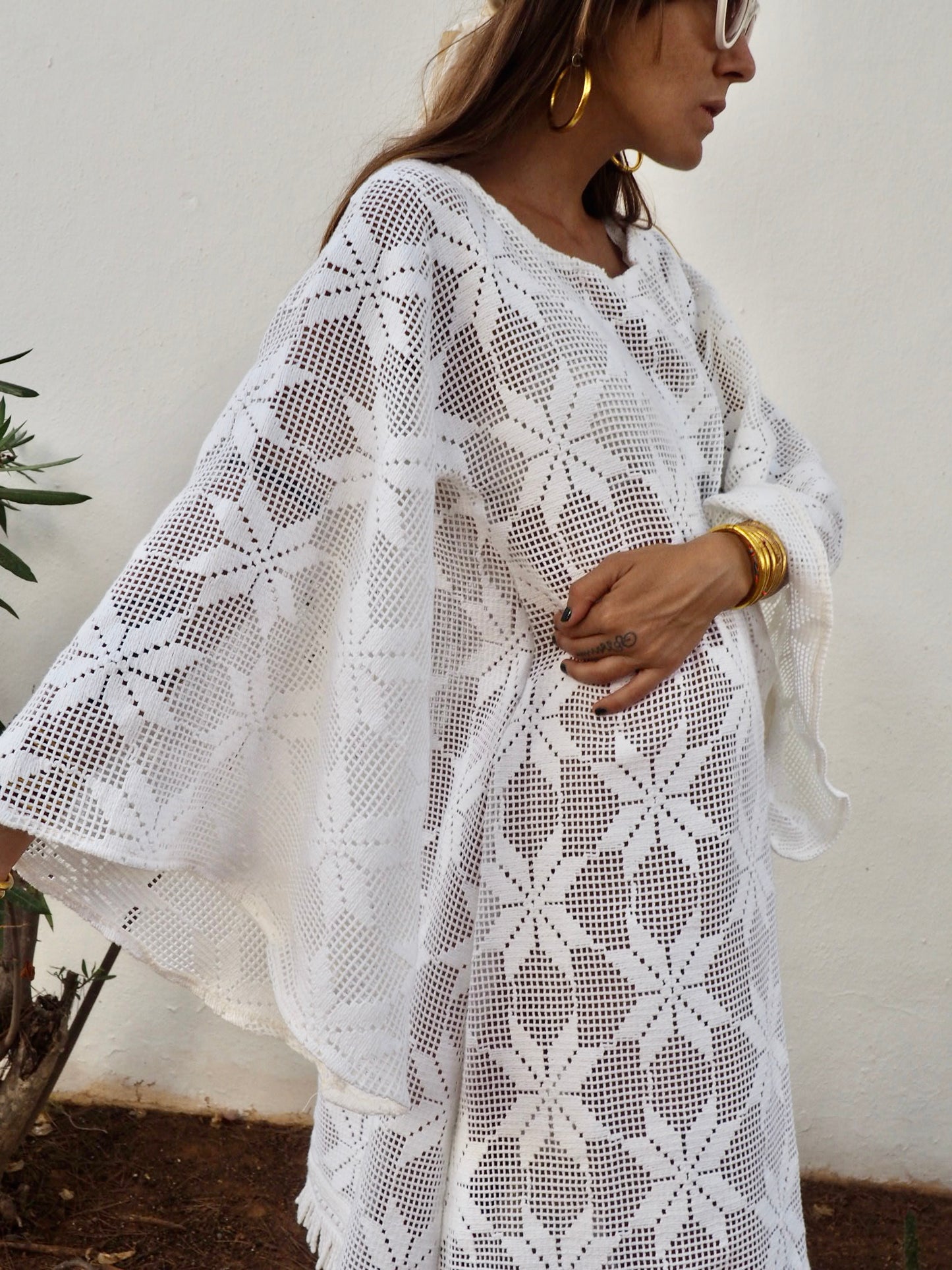 Very cool vintage white crochet oversized bell sleeve dress up-cycled by Vagabond Ibiza