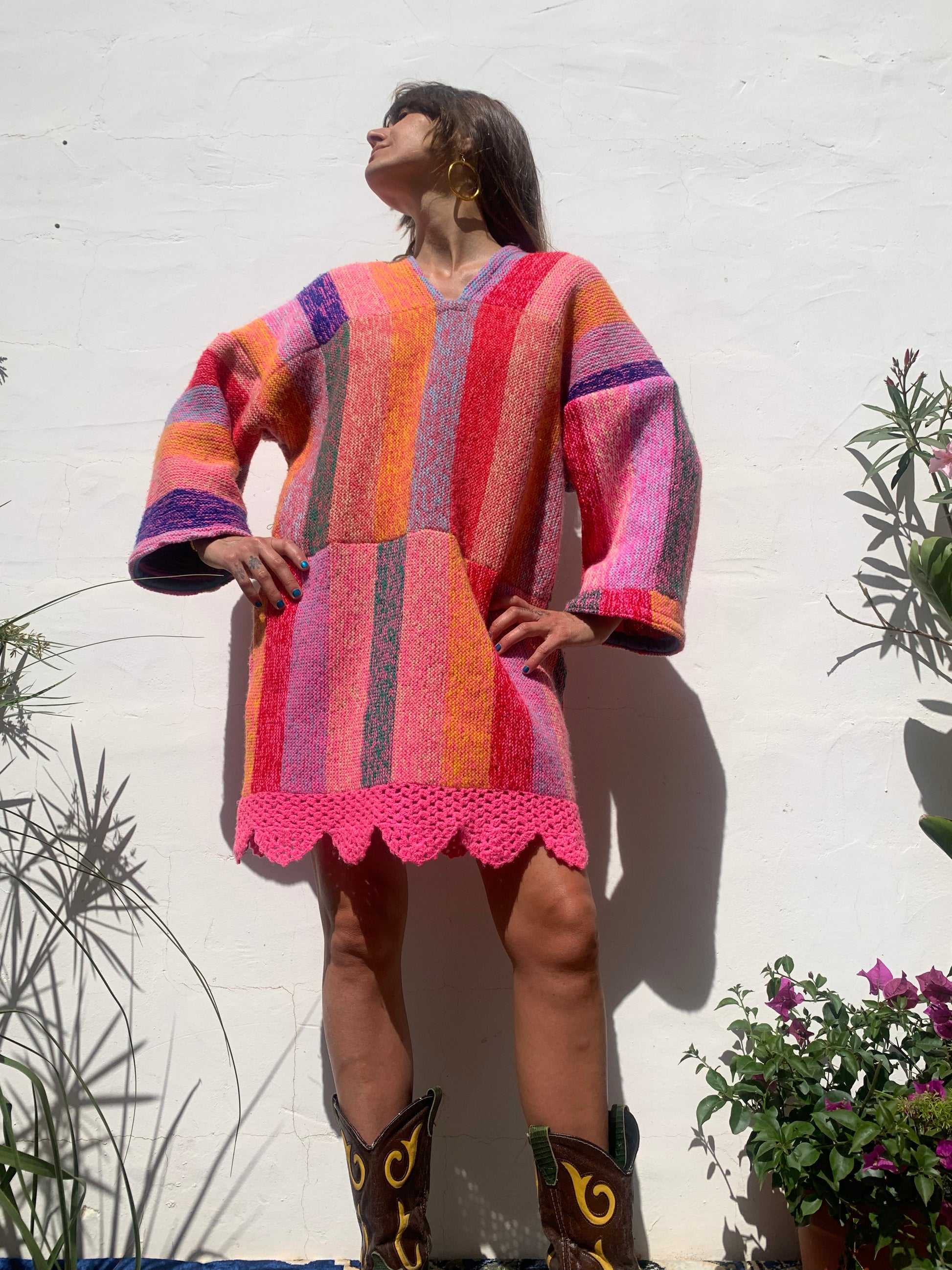 colourful waistcoat, Vintage Crochet Jacket, up cycled jacket , handmade jacket, striped jacket , vintage jacket, 1970s jacket , long waistcoat, slow fashion , sustainable fashion, vintage shop, ibiza vintage shop, ibiza style, bohemian jacket, boho jacket, colourful jacket, festival jacket, hippie style, 70s clothing, original vintage, recycled fashion brand, sustainable fashion brand, slow fashion brand, rainbow fashion, knitted jacket, woven jacket, winter jacket, crochet jumper, vintage fashion, 