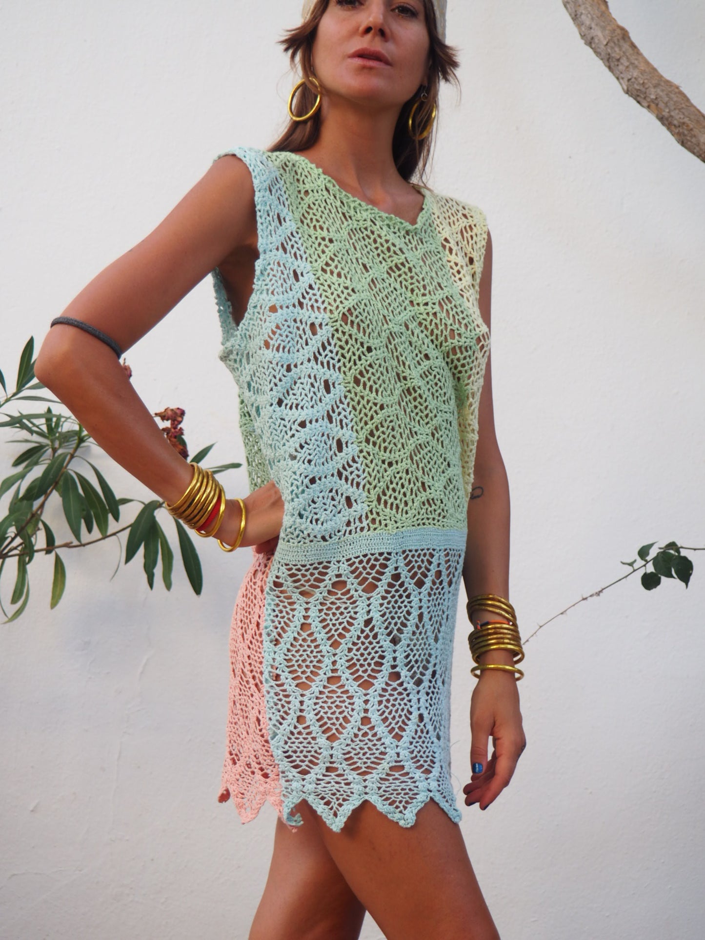 One of a kind up-cycled cotton crochet mini dress