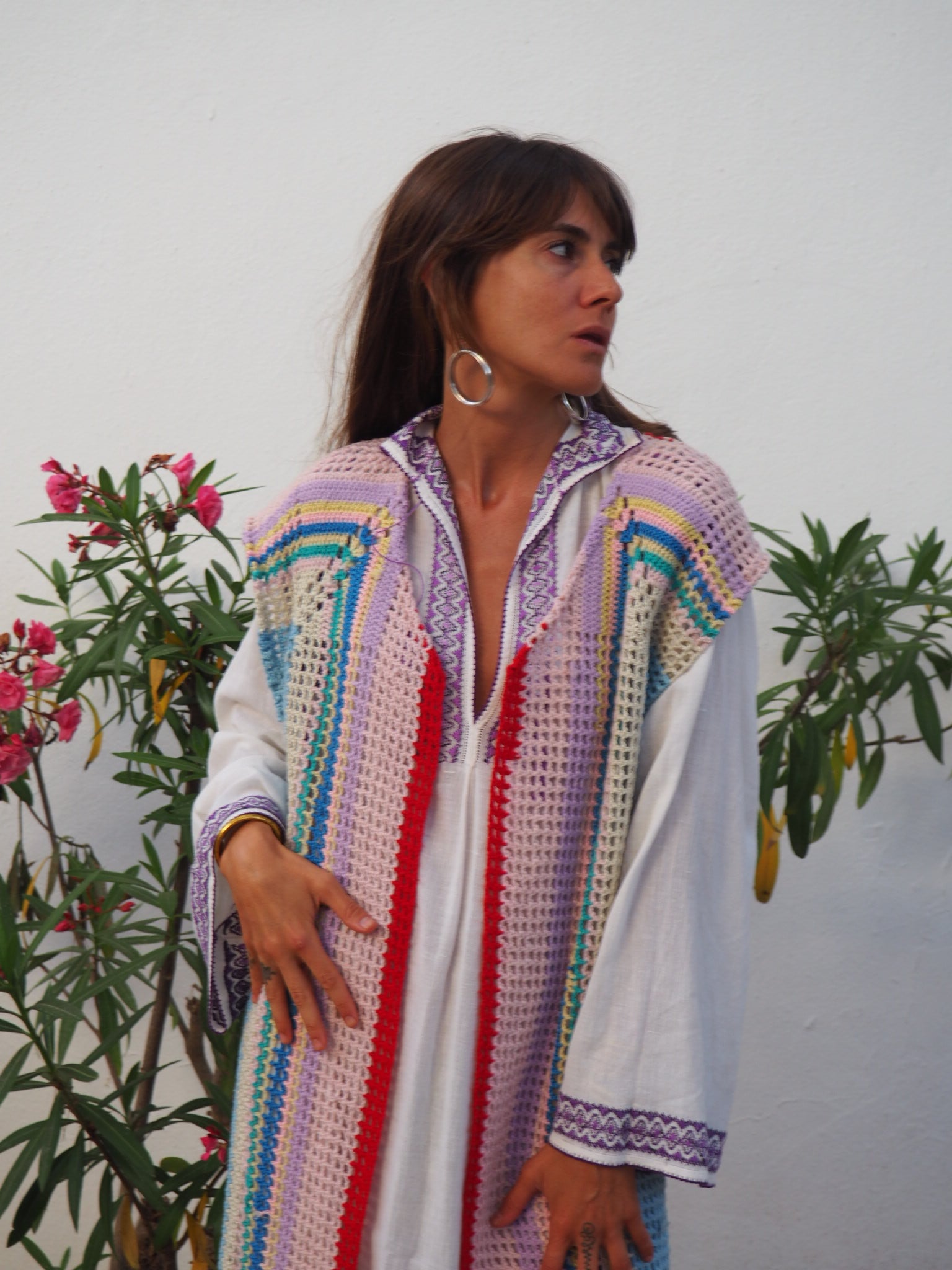 colourful waistcoat, Vintage Crochet Jacket, up cycled jacket , handmade jacket, striped jacket , vintage jacket, 1970s jacket , long waistcoat, slow fashion , sustainable fashion, vintage shop, ibiza vintage shop, ibiza style, bohemian jacket, boho jacket, colourful jacket, festival jacket, hippie style, 70s clothing, original vintage, recycled fashion brand, sustainable fashion brand, slow fashion brand, rainbow fashion, knitted jacket, woven jacket, winter jacket, crochet jumper, vintage fashion, 