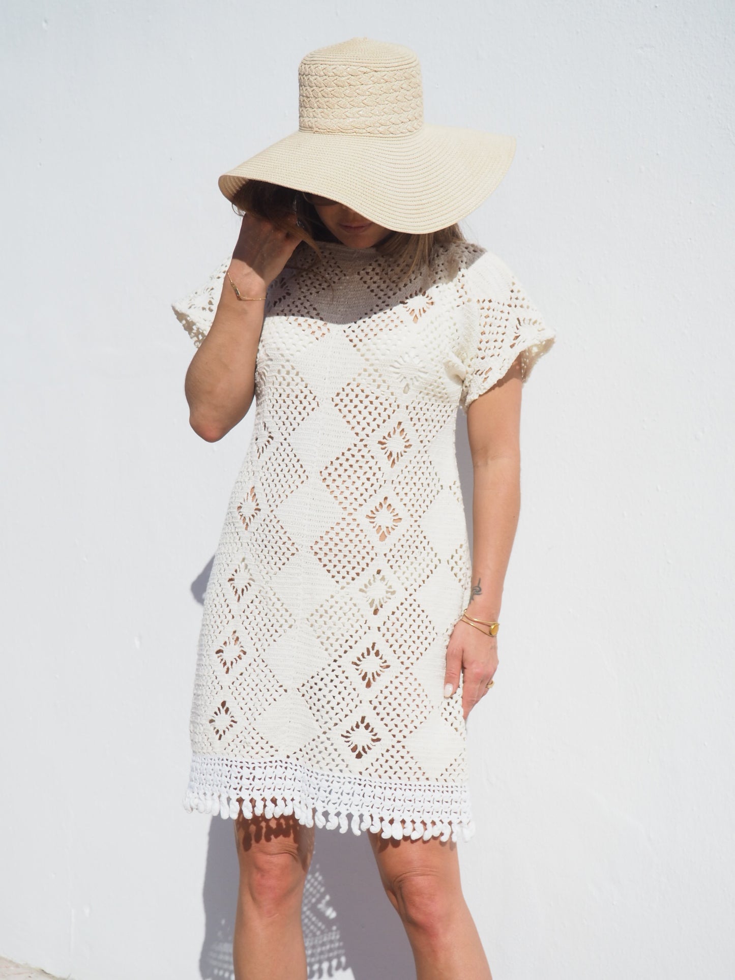 Vintage crochet cotton beach dress handmade cotton crochet up-cycled by Vagabond Ibiza.