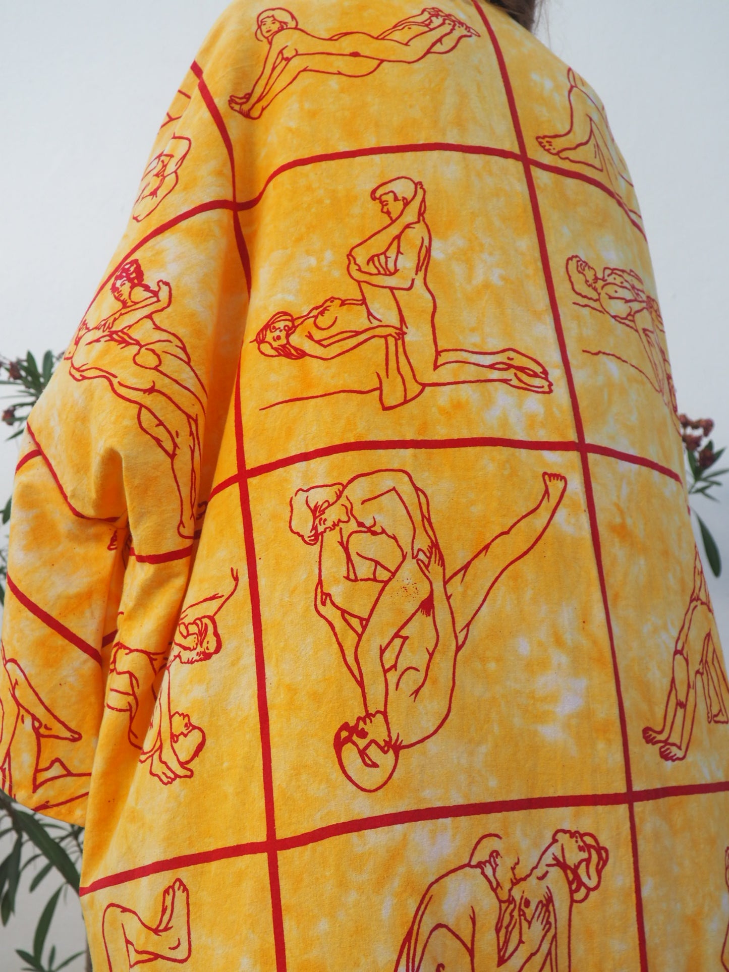 Up-cycled dressing gown with tantric sex position print by Vagabond Ibiza