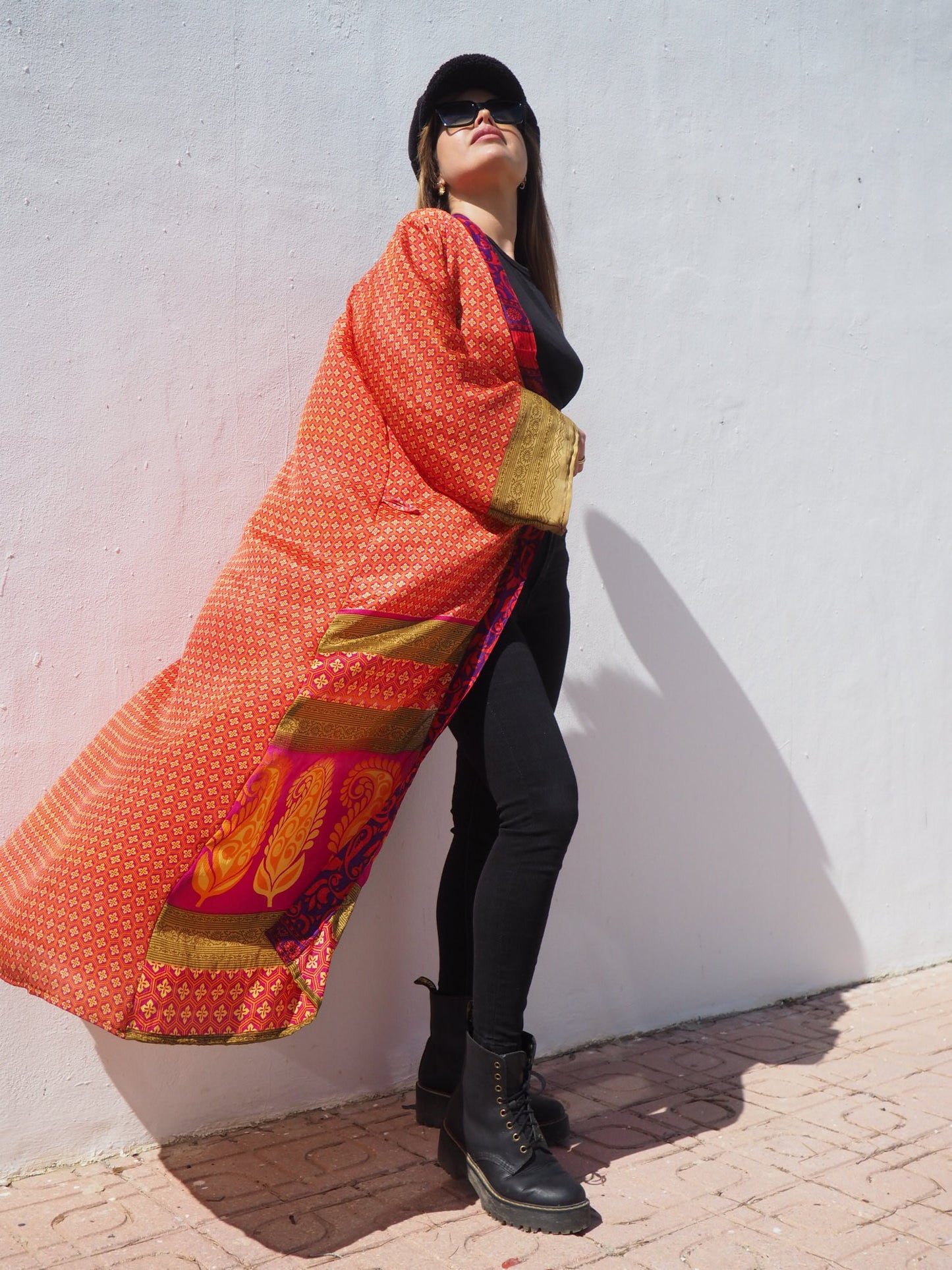 Up-cycled sari kimono in orange and gold print by Vagabond Ibiza