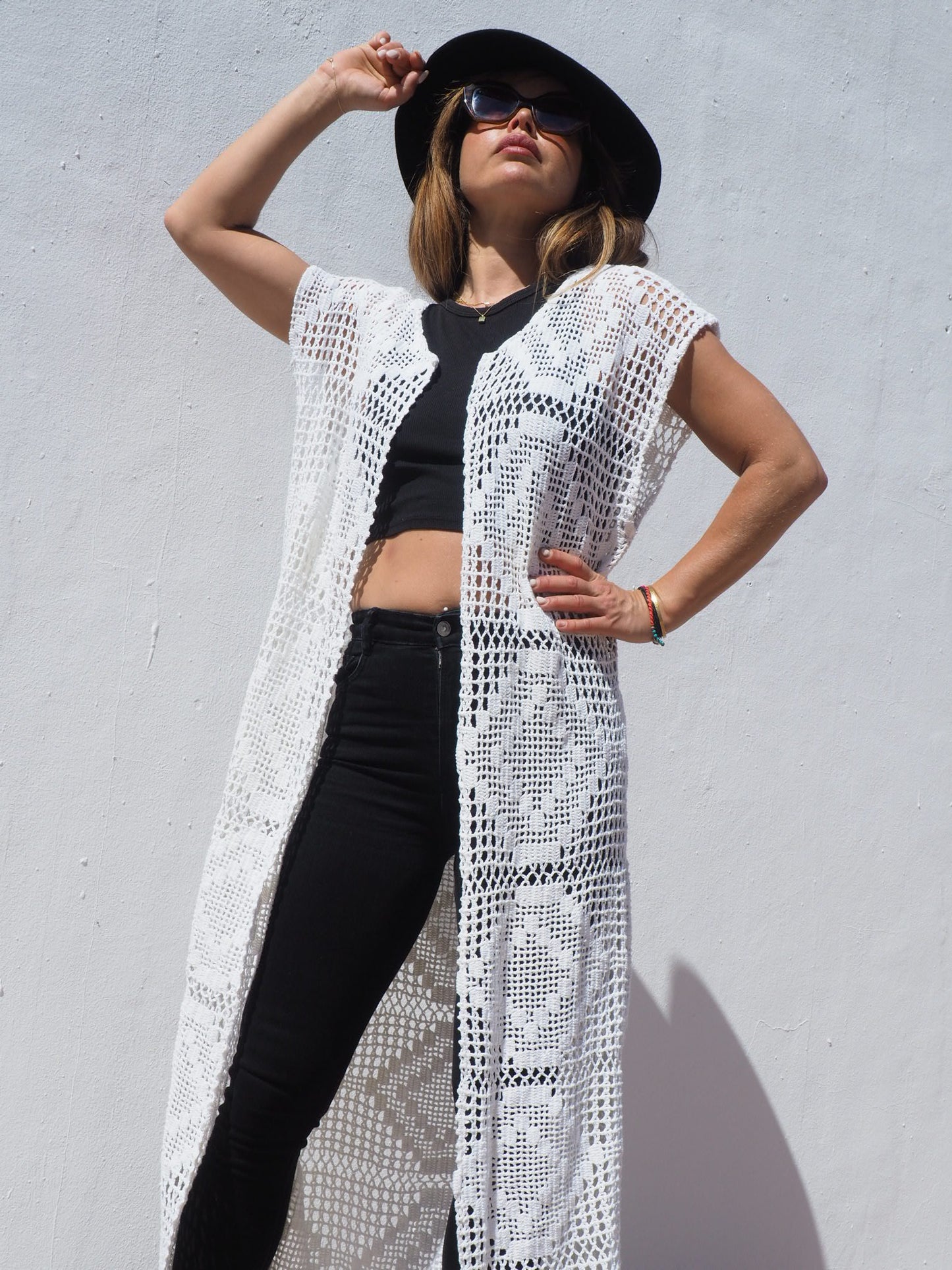 Vintage 1970’s crochet long white up-cycled waistcoat made by Vagabond Ibiza.