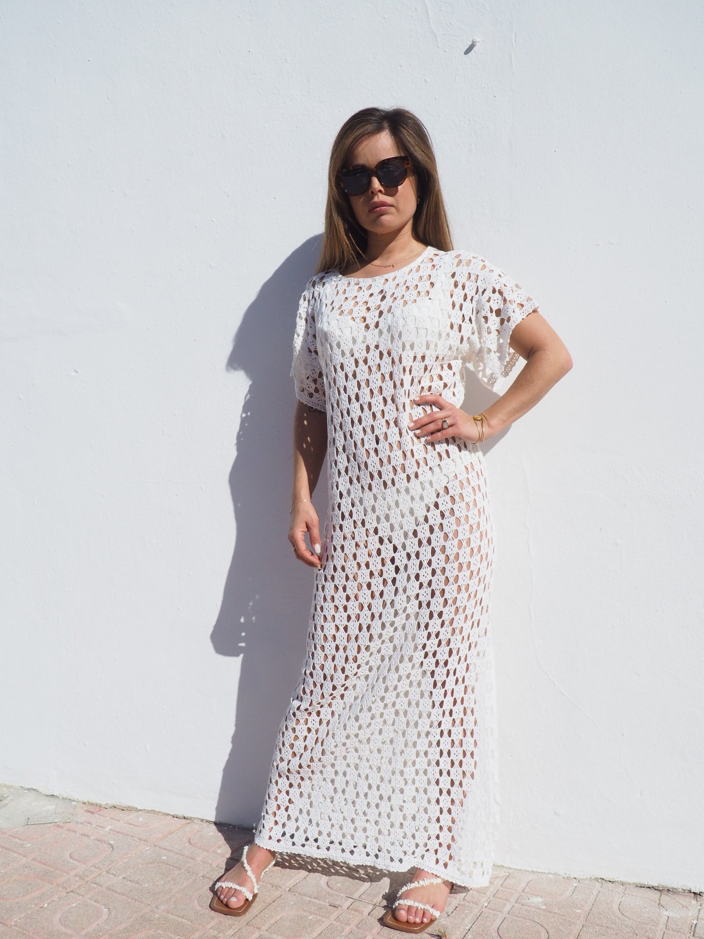 Very cool vintage crochet long cotton beach dress handmade cotton crochet up-cycled by Vagabond Ibiza