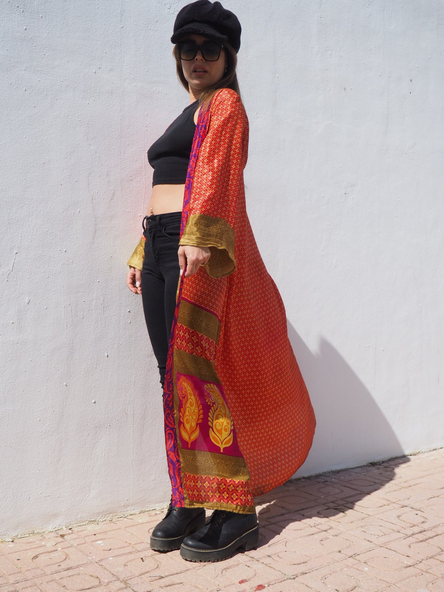 Up-cycled sari kimono in orange and gold print by Vagabond Ibiza