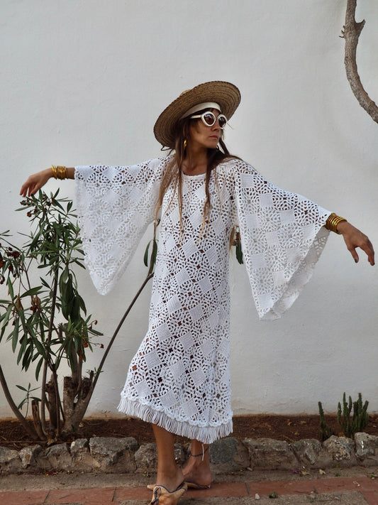 Very cool vintage white crochet oversized bell sleeve dress up-cycled by Vagabond Ibiza