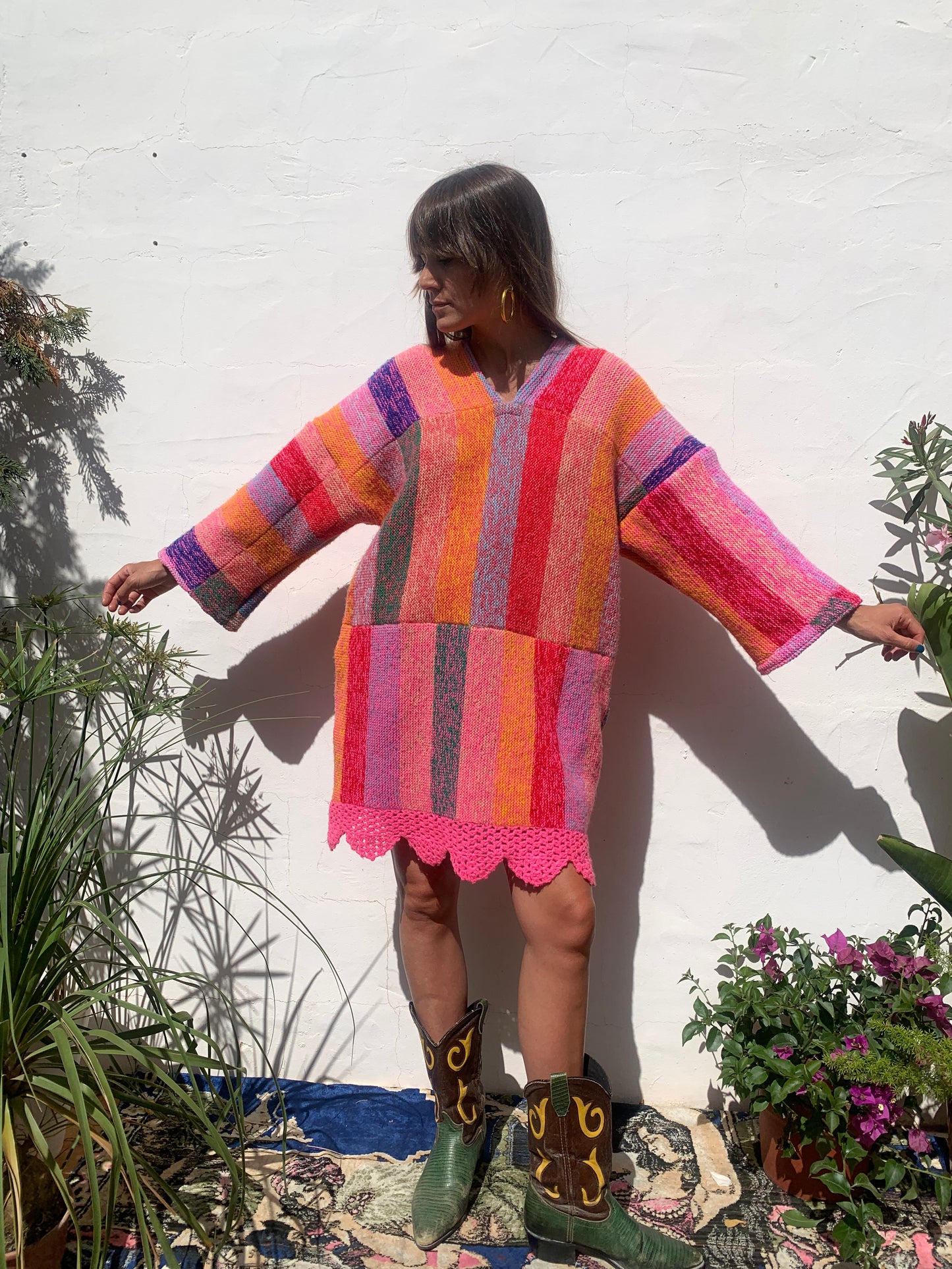 colourful waistcoat, Vintage Crochet Jacket, up cycled jacket , handmade jacket, striped jacket , vintage jacket, 1970s jacket , long waistcoat, slow fashion , sustainable fashion, vintage shop, ibiza vintage shop, ibiza style, bohemian jacket, boho jacket, colourful jacket, festival jacket, hippie style, 70s clothing, original vintage, recycled fashion brand, sustainable fashion brand, slow fashion brand, rainbow fashion, knitted jacket, woven jacket, winter jacket, crochet jumper, vintage fashion, 