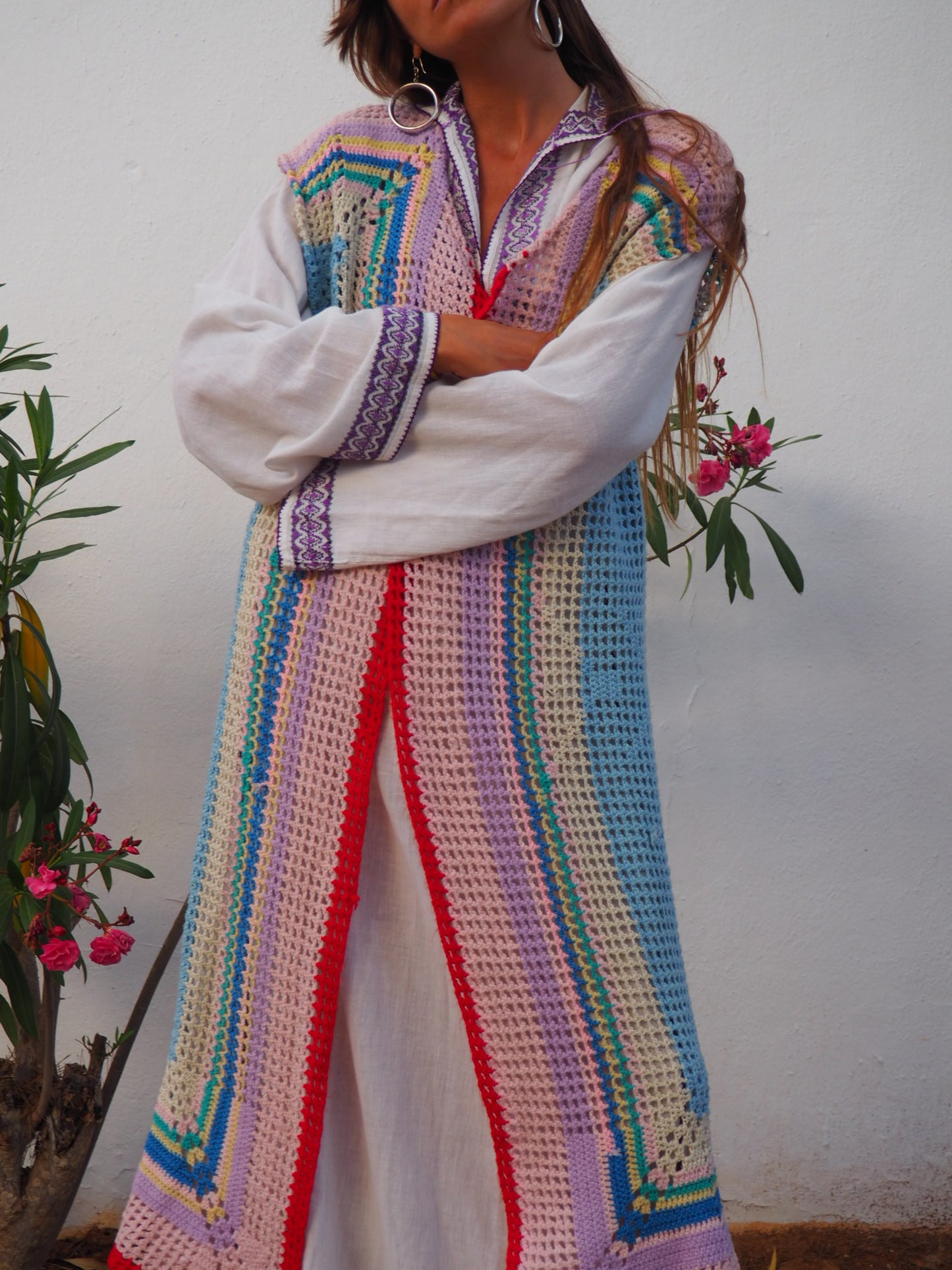 colourful waistcoat, Vintage Crochet Jacket, up cycled jacket , handmade jacket, striped jacket , vintage jacket, 1970s jacket , long waistcoat, slow fashion , sustainable fashion, vintage shop, ibiza vintage shop, ibiza style, bohemian jacket, boho jacket, colourful jacket, festival jacket, hippie style, 70s clothing, original vintage, recycled fashion brand, sustainable fashion brand, slow fashion brand, rainbow fashion, knitted jacket, woven jacket, winter jacket, crochet jumper, vintage fashion, 