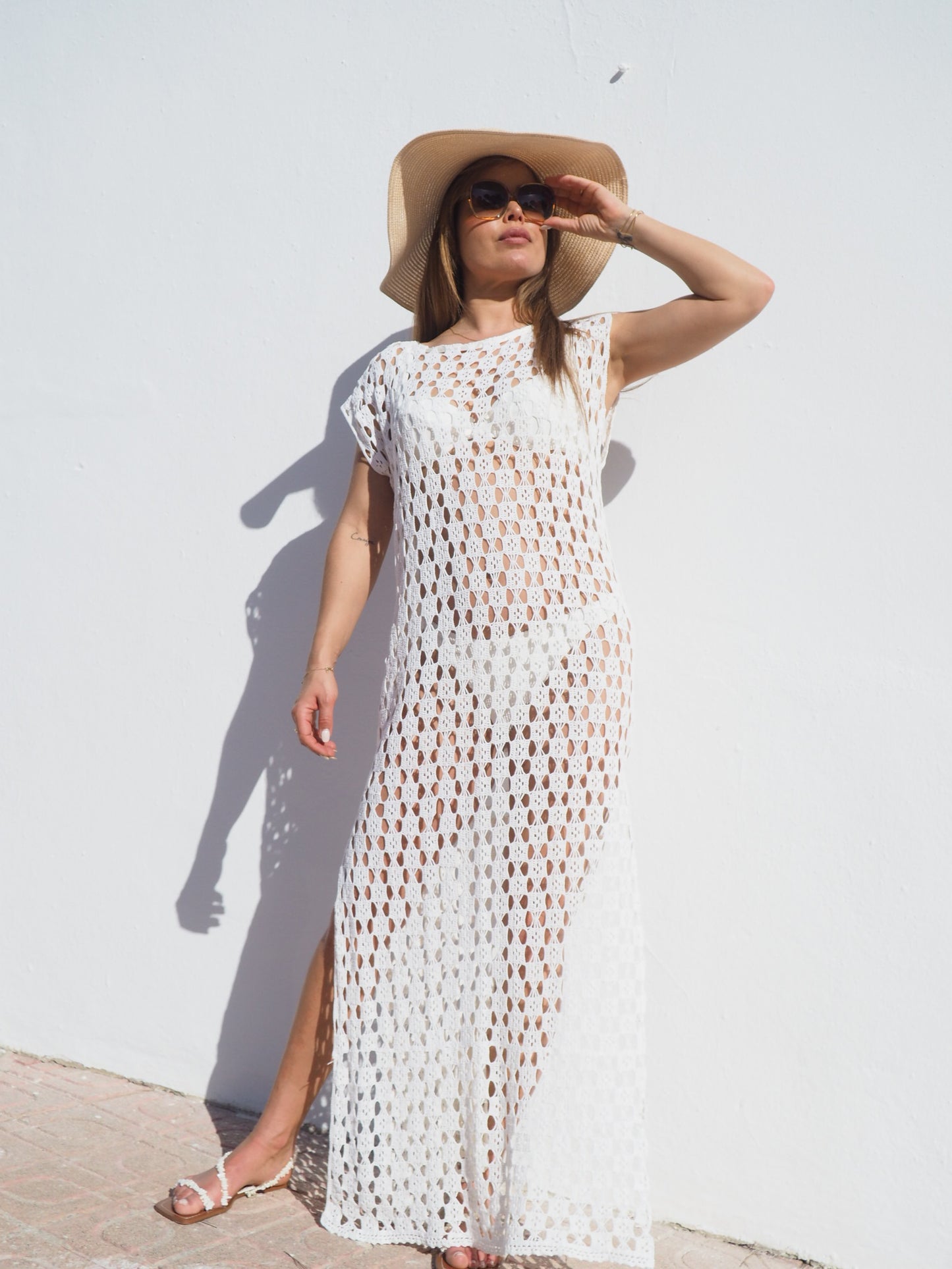 Vintage crochet cotton beach dress handmade cotton crochet up-cycled by Vagabond Ibiza.