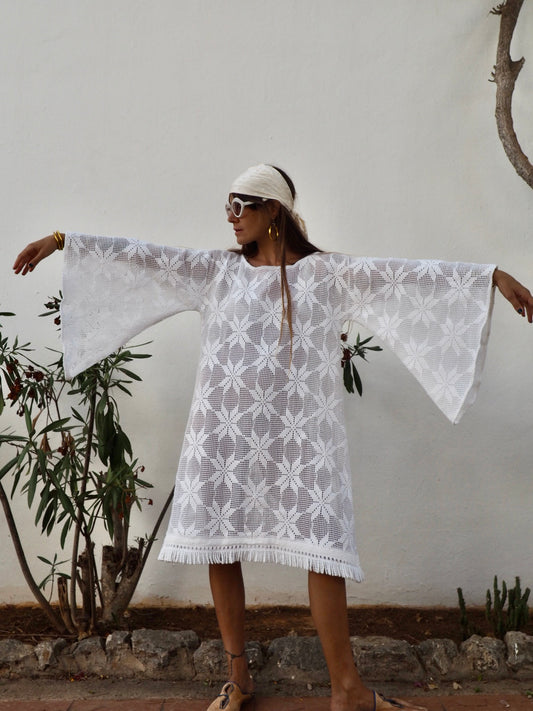 Very cool vintage white crochet oversized bell sleeve dress up-cycled by Vagabond Ibiza