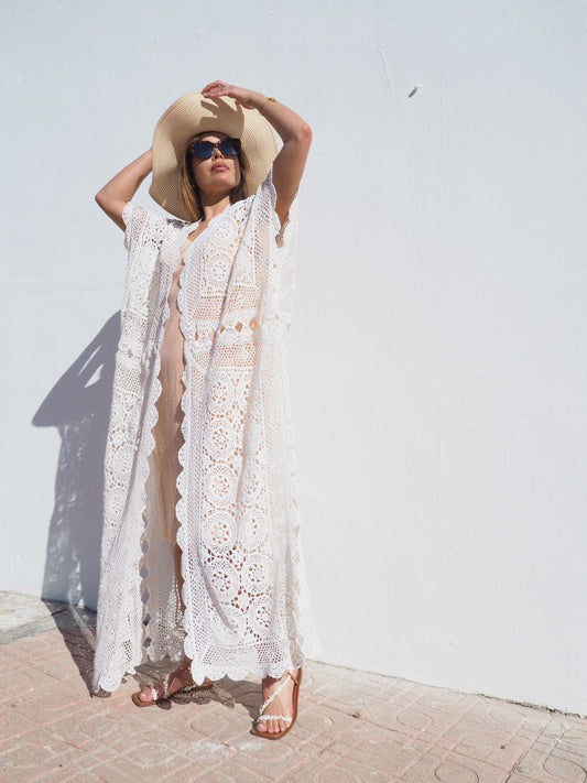 Very cool vintage crochet oversized long waistcoat handmade cotton crochet up-cycled by Vagabond Ibiza