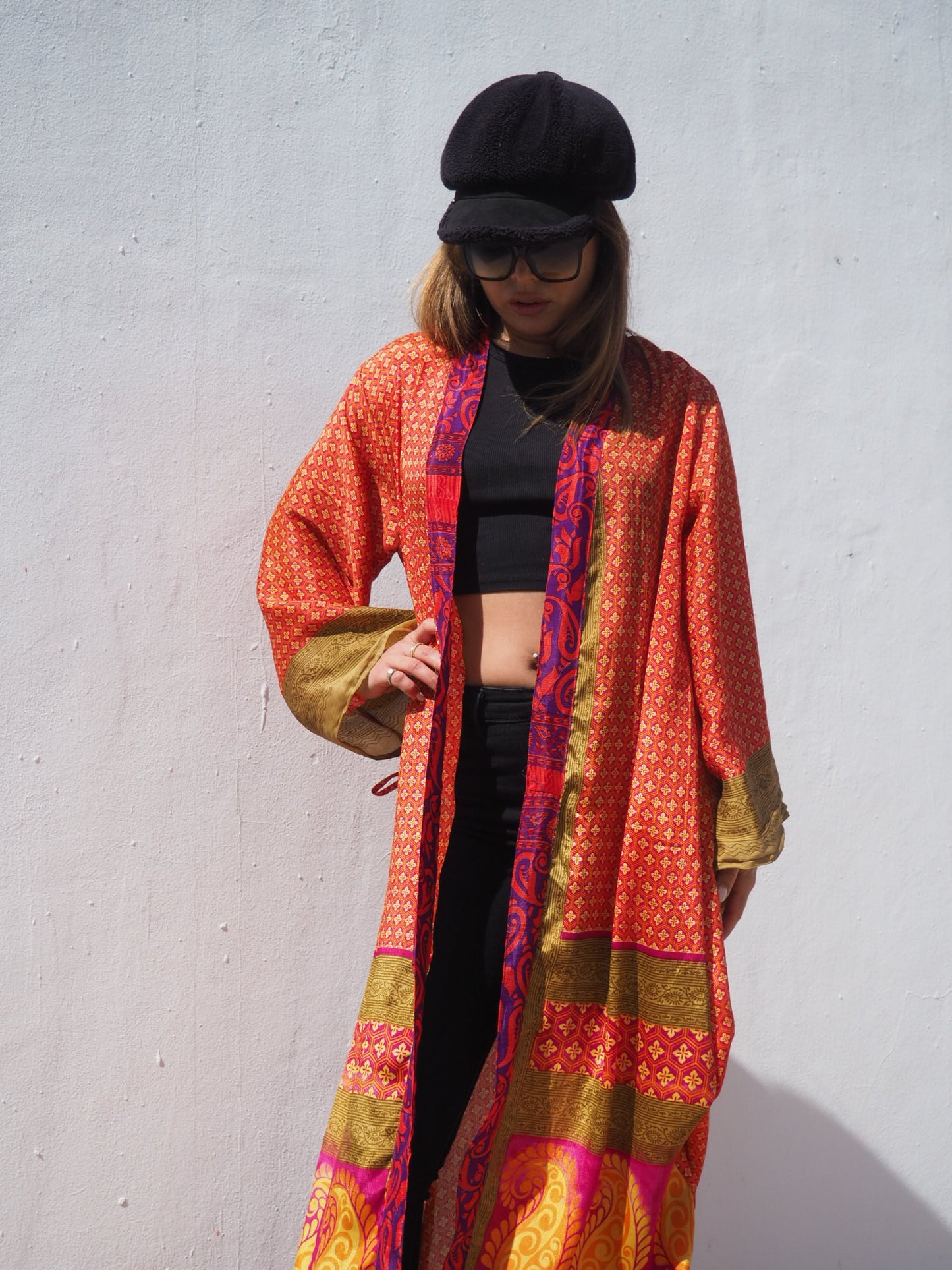 Up-cycled sari kimono in orange and gold print by Vagabond Ibiza