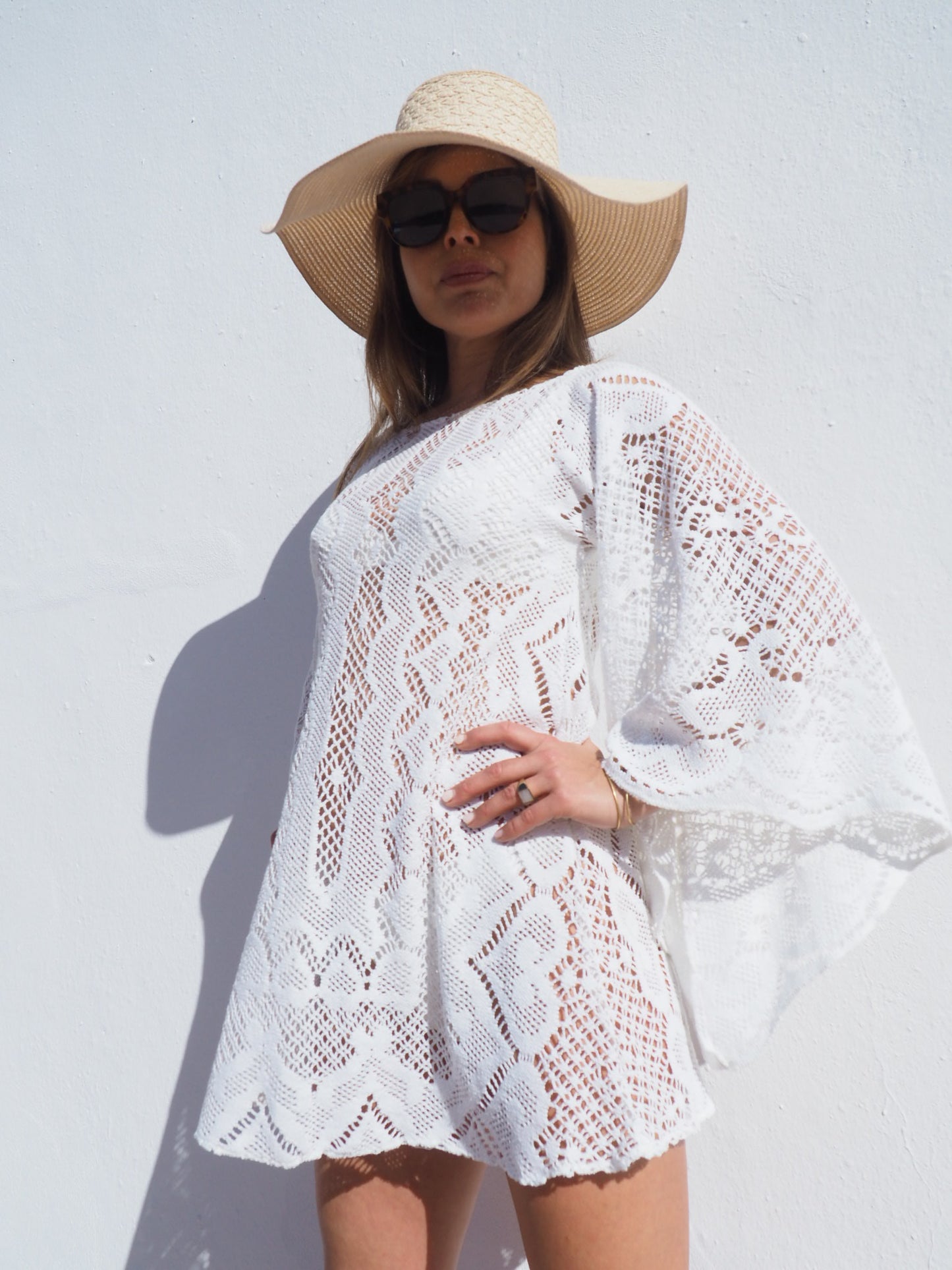 Vintage 1970’s white crochet dress up-cycled by Vagabond Ibiza with big bell sleeves