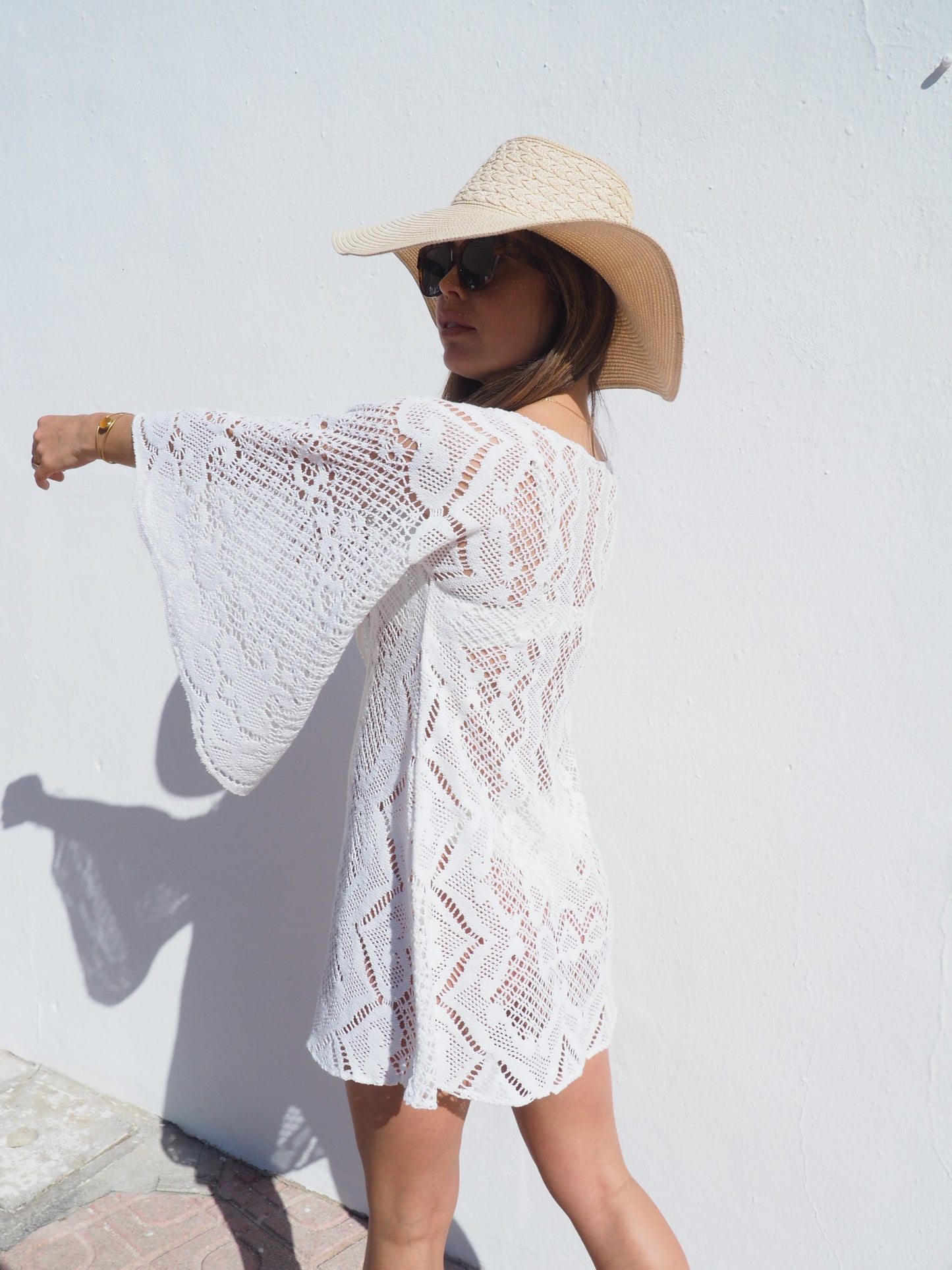 Vintage 1970’s white crochet dress up-cycled by Vagabond Ibiza with big bell sleeves