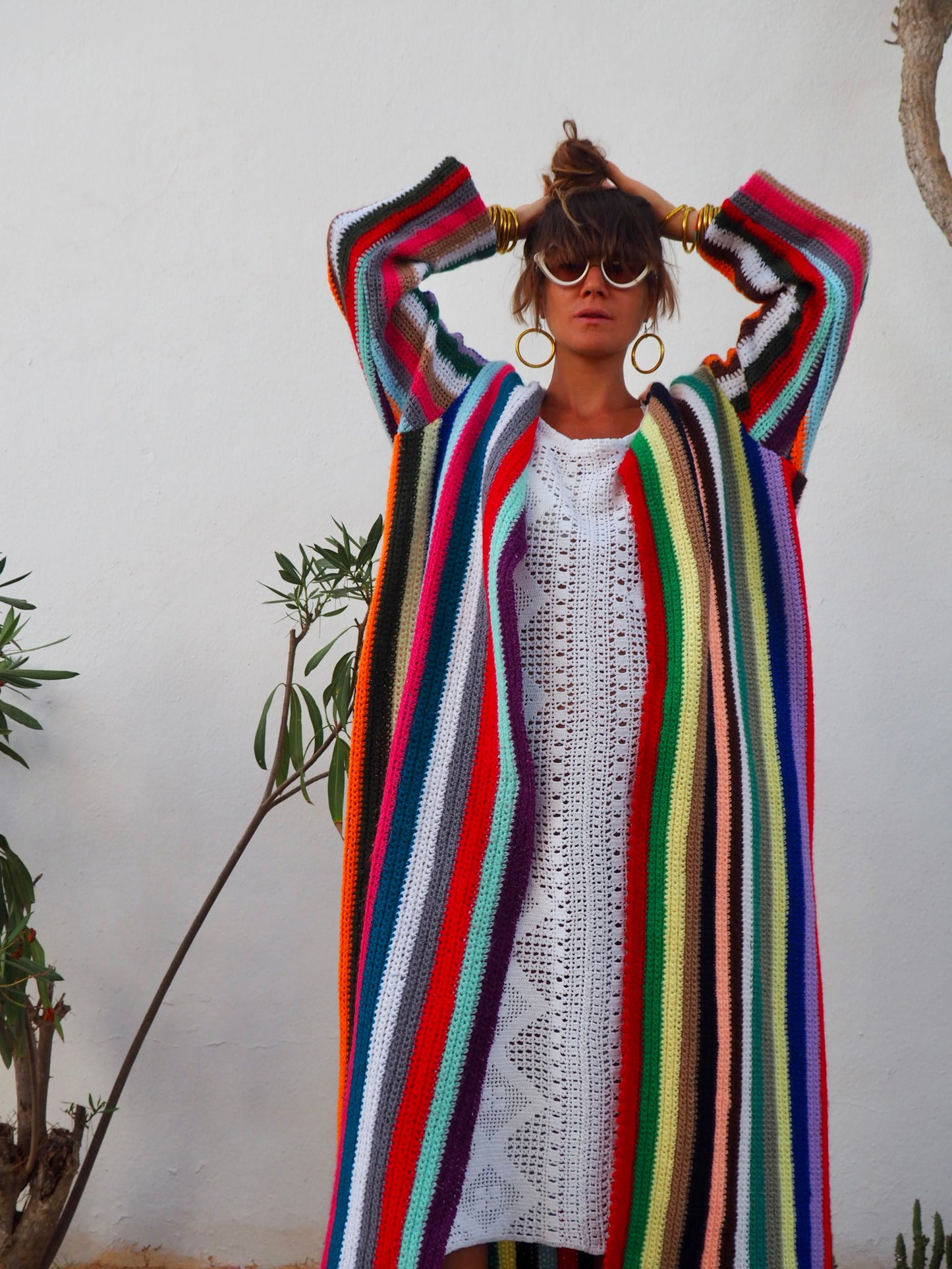 rainbow jacket,colourful waistcoat, Vintage Crochet Jacket, up cycled jacket , handmade jacket, striped jacket , vintage jacket, 1970s jacket , long waistcoat, slow fashion , sustainable fashion, vintage shop, ibiza vintage shop, ibiza style, bohemian jacket, boho jacket, colourful jacket, festival jacket, hippie style, 70s clothing, original vintage, recycled fashion brand, sustainable fashion brand, slow fashion brand, rainbow fashion, knitted jacket, woven jacket, winter jacket