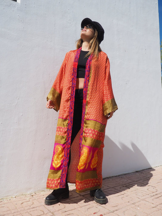 Up-cycled sari kimono in orange and gold print by Vagabond Ibiza