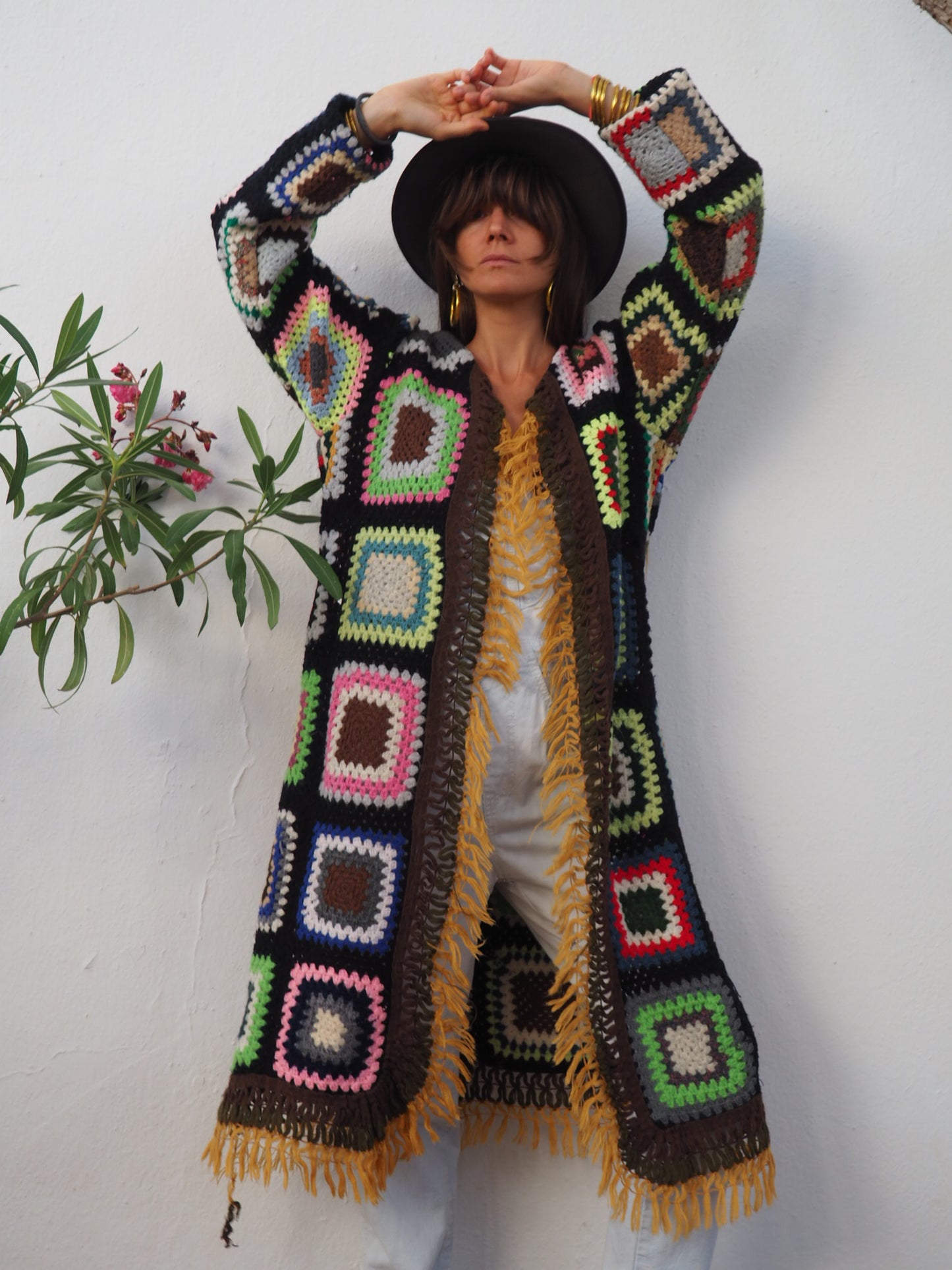 colourful waistcoat, Vintage Crochet Jacket, up cycled jacket , handmade jacket, striped jacket , vintage jacket, 1970s jacket , long waistcoat, slow fashion , sustainable fashion, vintage shop, ibiza vintage shop, ibiza style, bohemian jacket, boho jacket, colourful jacket, festival jacket, hippie style, 70s clothing, original vintage, recycled fashion brand, sustainable fashion brand, slow fashion brand, rainbow fashion, knitted jacket, woven jacket, winter jacket