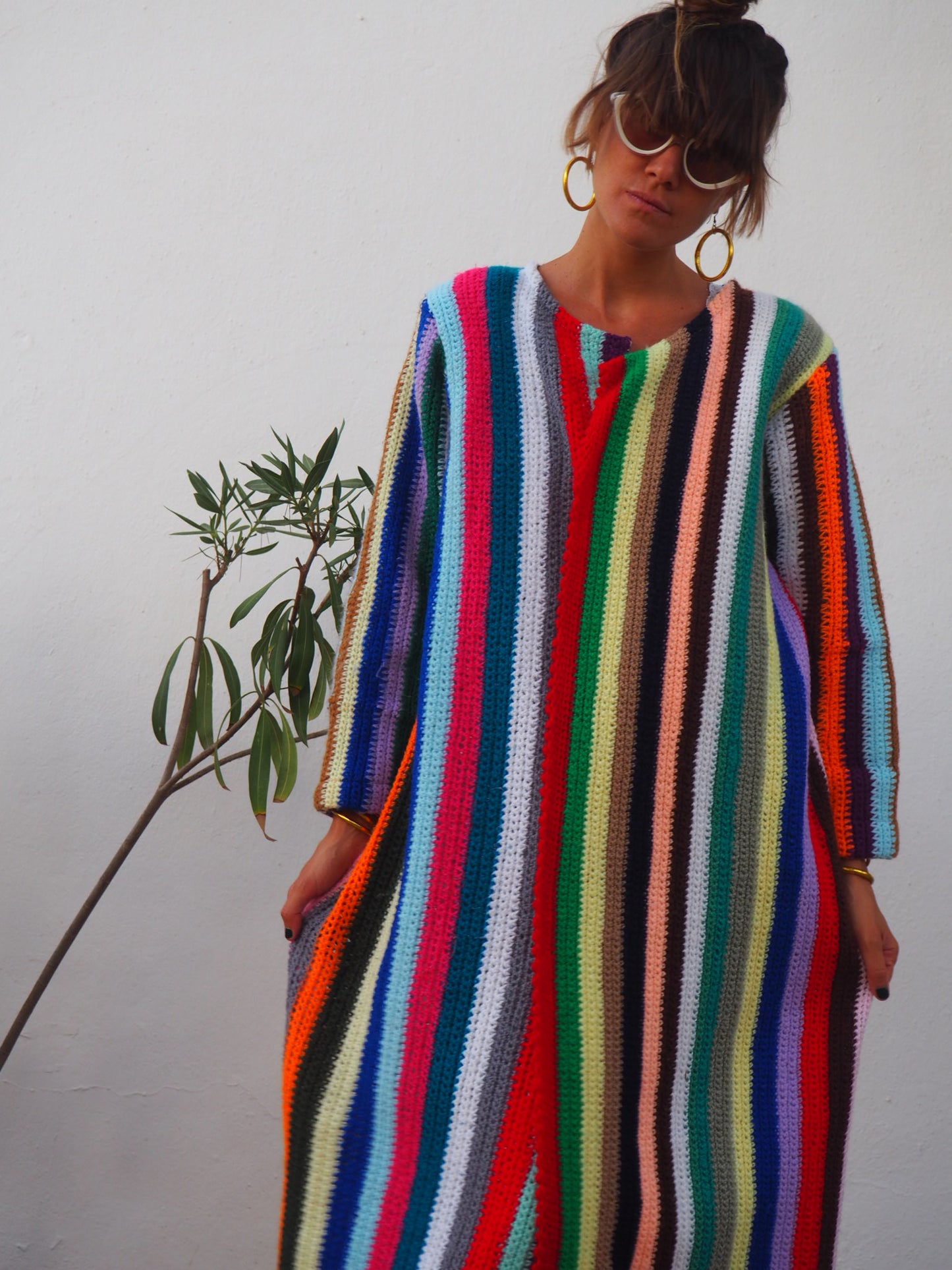 Upcycled jacket,colourful waistcoat, Vintage Crochet Jacket, up cycled jacket , handmade jacket, striped jacket , vintage jacket, 1970s jacket , long waistcoat, slow fashion , sustainable fashion, vintage shop, ibiza vintage shop, ibiza style, bohemian jacket, boho jacket, colourful jacket, festival jacket, hippie style, 70s clothing, original vintage, recycled fashion brand, sustainable fashion brand, slow fashion brand, rainbow fashion, knitted jacket, woven jacket, winter jacket