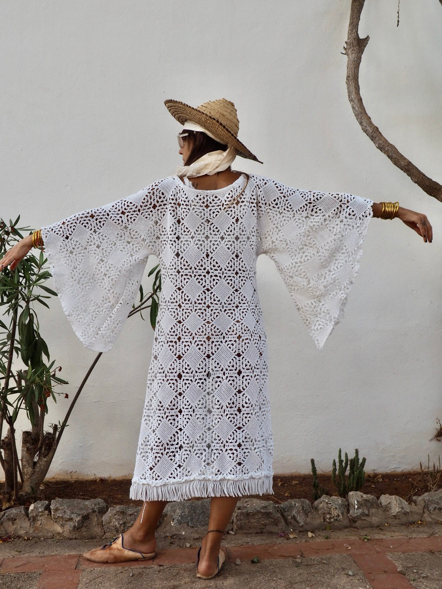 Very cool vintage white crochet oversized bell sleeve dress up-cycled by Vagabond Ibiza