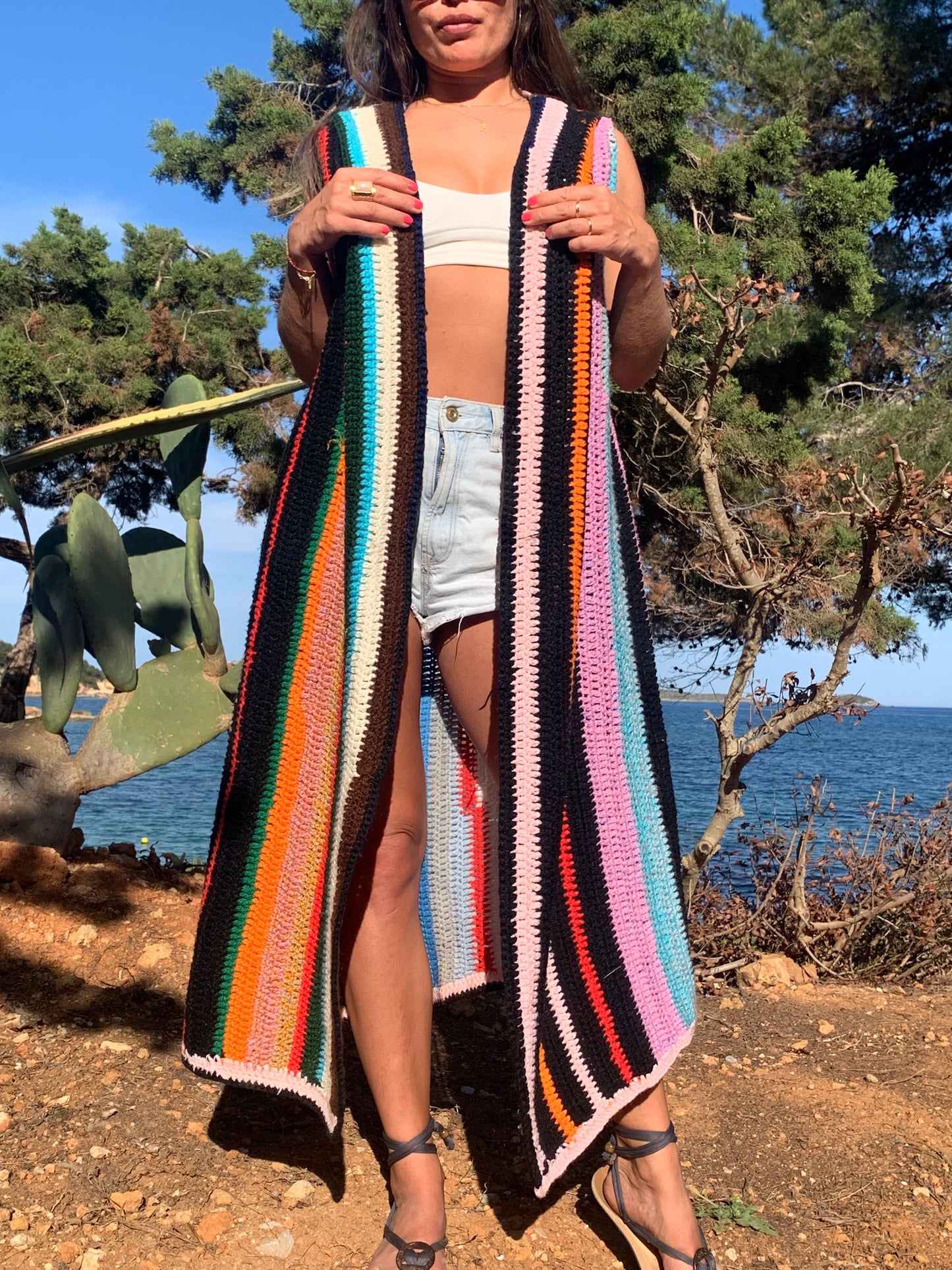 colourful waistcoat, Vintage Crochet Jacket, up cycled jacket , handmade jacket, striped jacket , vintage jacket, 1970s jacket , long waistcoat, slow fashion , sustainable fashion, vintage shop, ibiza vintage shop, ibiza style, bohemian jacket, boho jacket, colourful jacket, festival jacket, hippie style, 70s clothing, original vintage, recycled fashion brand, sustainable fashion brand, slow fashion brand, rainbow fashion, knitted jacket, woven jacket, winter jacket