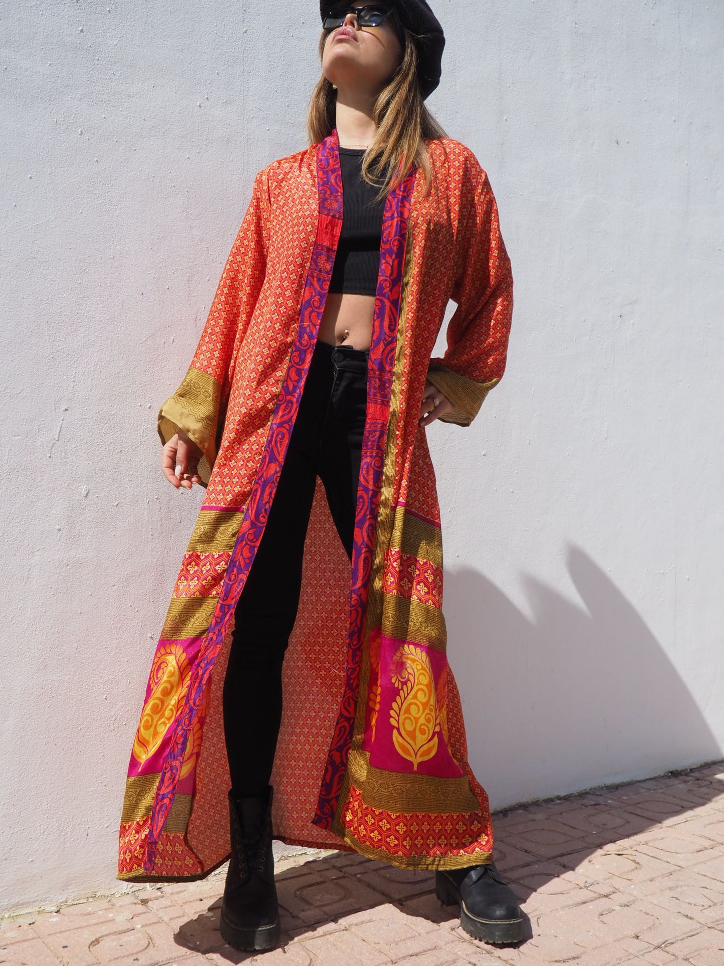 Up-cycled sari kimono in orange and gold print by Vagabond Ibiza