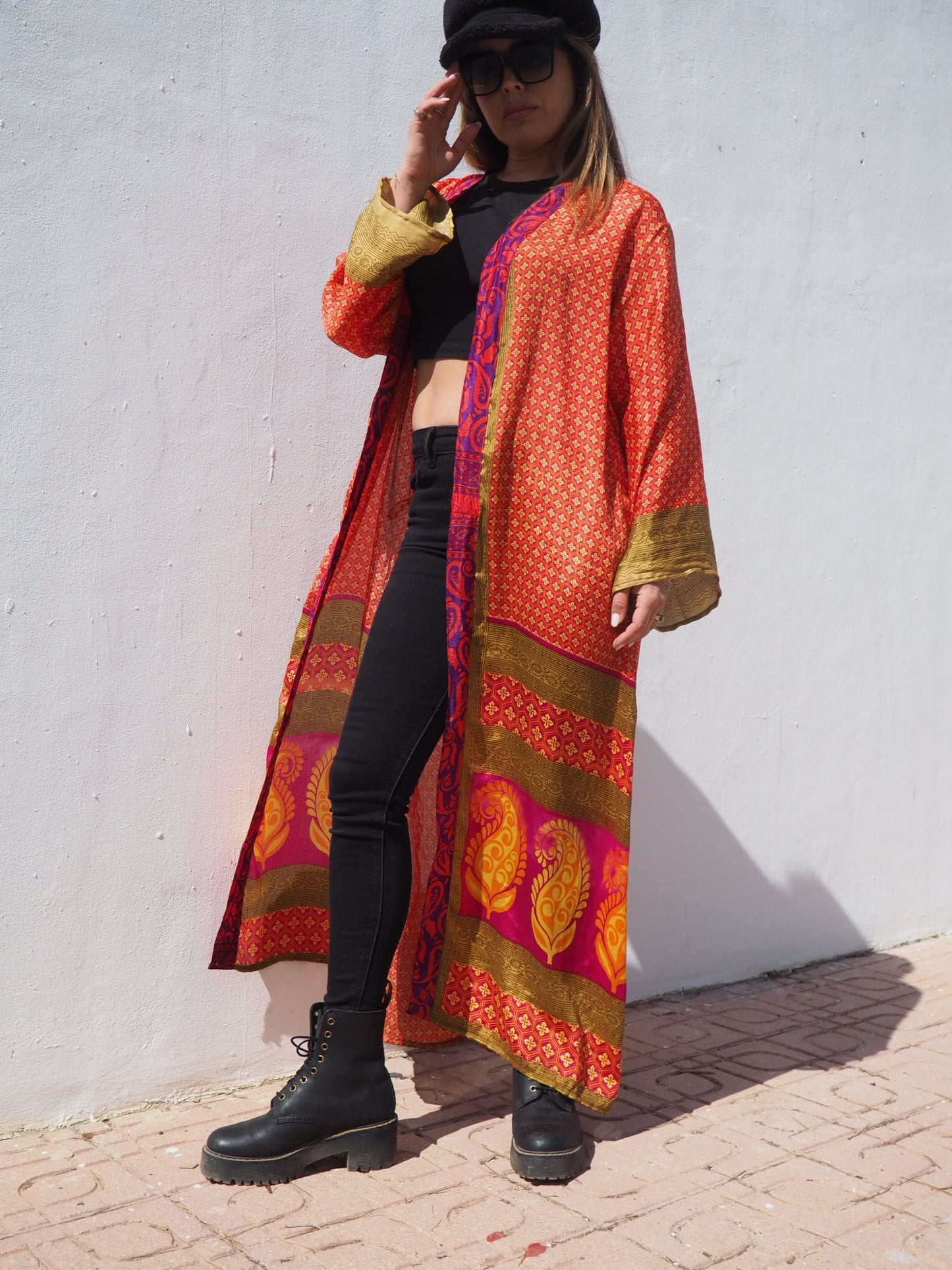 Up-cycled sari kimono in orange and gold print by Vagabond Ibiza