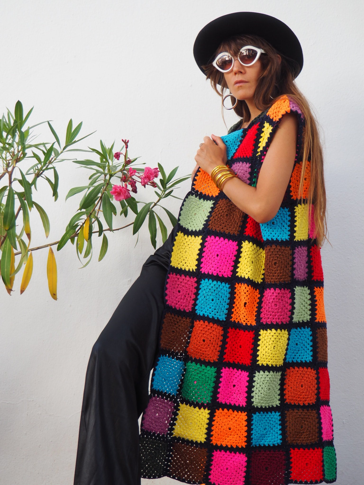 colourful waistcoat, Vintage Crochet Jacket, up cycled jacket , handmade jacket, striped jacket , vintage jacket, 1970s jacket , long waistcoat, slow fashion , sustainable fashion, vintage shop, ibiza vintage shop, ibiza style, bohemian jacket, boho jacket, colourful jacket, festival jacket, hippie style, 70s clothing, original vintage, recycled fashion brand, sustainable fashion brand, slow fashion brand, rainbow fashion, knitted jacket, woven jacket, winter jacket, crochet jumper, vintage fashion, 