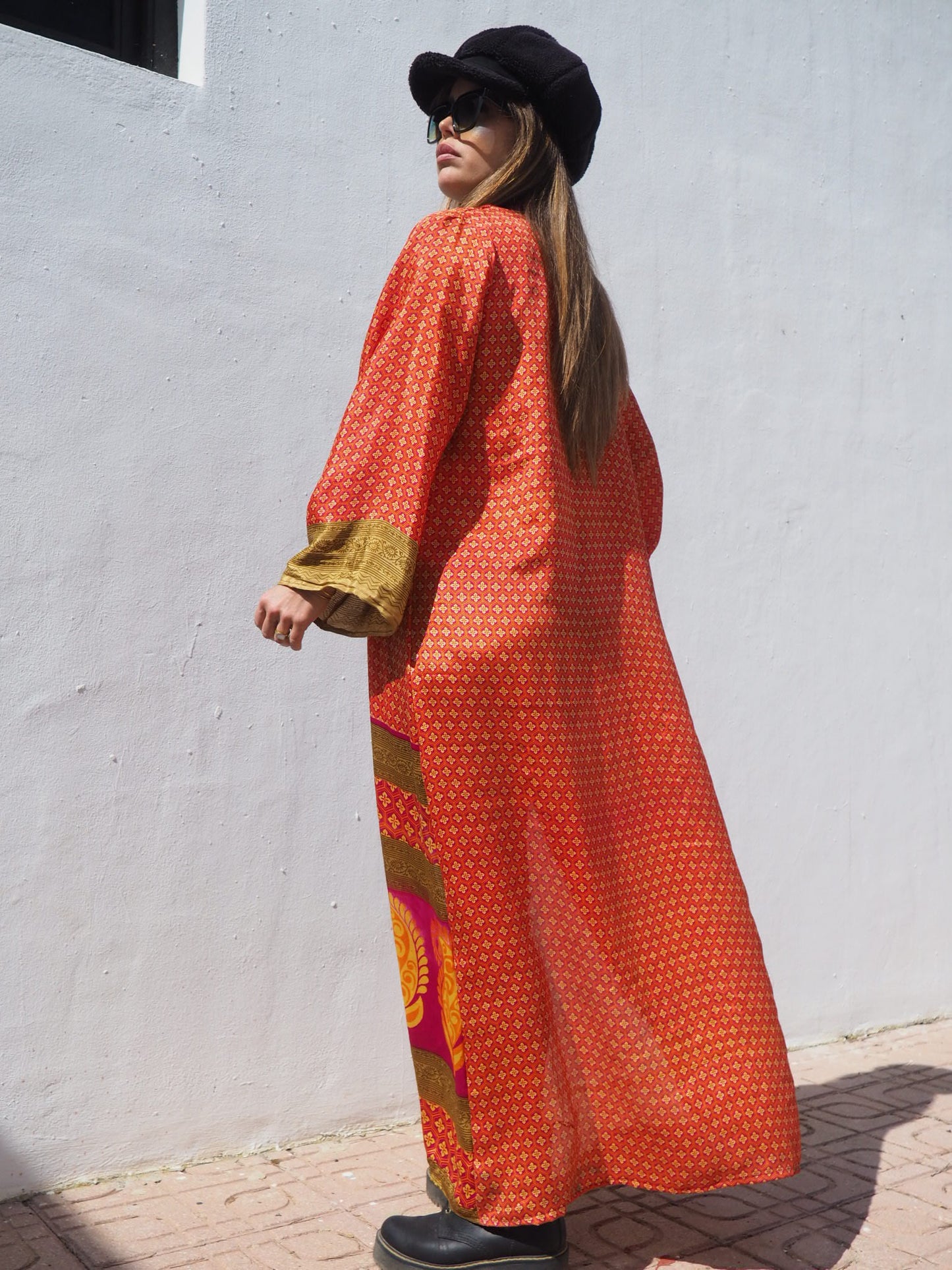 Up-cycled sari kimono in orange and gold print by Vagabond Ibiza