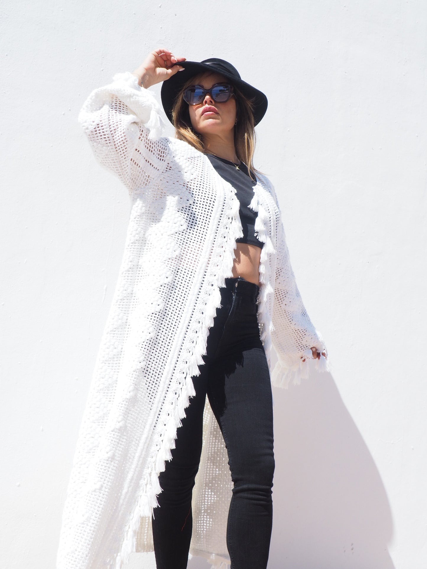 Unique on off a kind vintage white crochet jacket up-cycled by Vagabond Ibiza with cute tássel details.