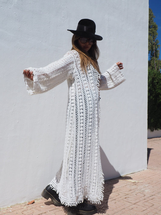 Vintage handmade white crochet textiles jacket up-cycled by Vagabond Ibiza