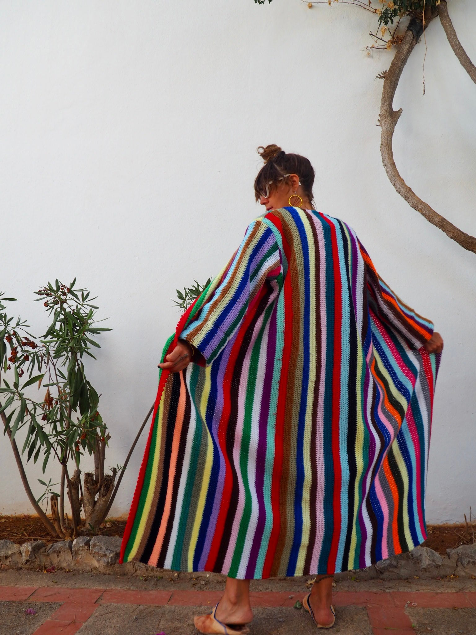 Upcycled rainbow jacket,colourful waistcoat, Vintage Crochet Jacket, up cycled jacket , handmade jacket, striped jacket , vintage jacket, 1970s jacket , long waistcoat, slow fashion , sustainable fashion, vintage shop, ibiza vintage shop, ibiza style, bohemian jacket, boho jacket, colourful jacket, festival jacket, hippie style, 70s clothing, original vintage, recycled fashion brand, sustainable fashion brand, slow fashion brand, rainbow fashion, knitted jacket, woven jacket, winter jacket