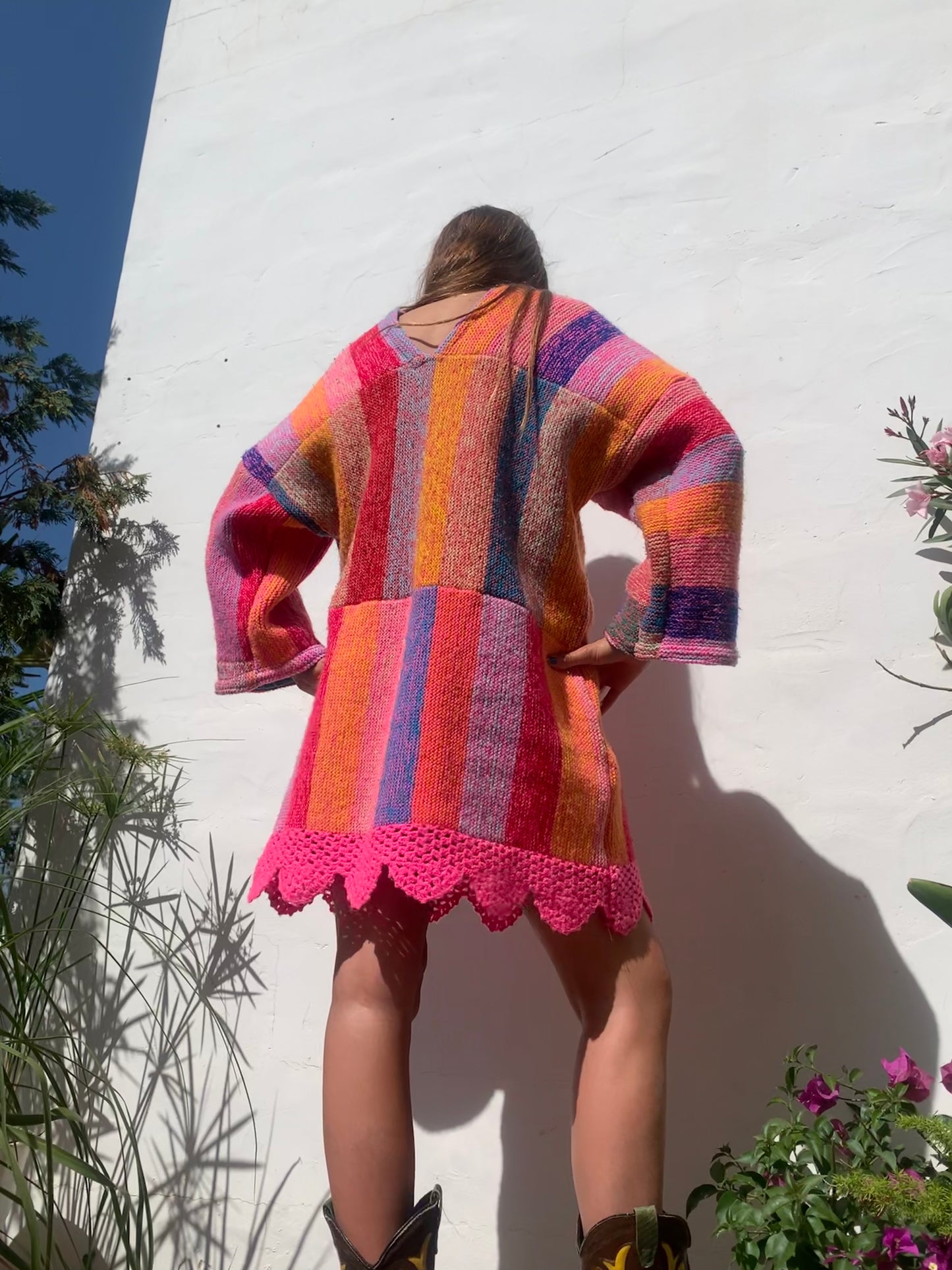 colourful waistcoat, Vintage Crochet Jacket, up cycled jacket , handmade jacket, striped jacket , vintage jacket, 1970s jacket , long waistcoat, slow fashion , sustainable fashion, vintage shop, ibiza vintage shop, ibiza style, bohemian jacket, boho jacket, colourful jacket, festival jacket, hippie style, 70s clothing, original vintage, recycled fashion brand, sustainable fashion brand, slow fashion brand, rainbow fashion, knitted jacket, woven jacket, winter jacket, crochet jumper, vintage fashion, 